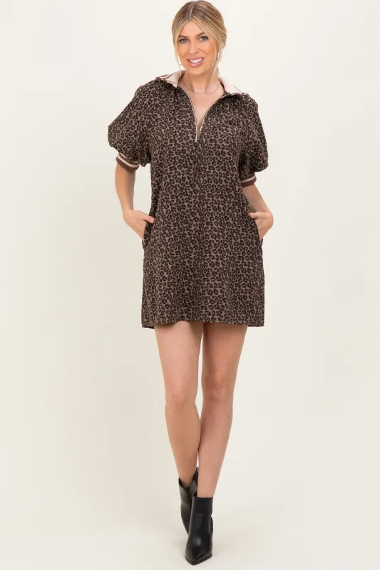 Mocha Animal Print Quarter Zip Puff Sleeve Mini Dress sold by Pinkblush