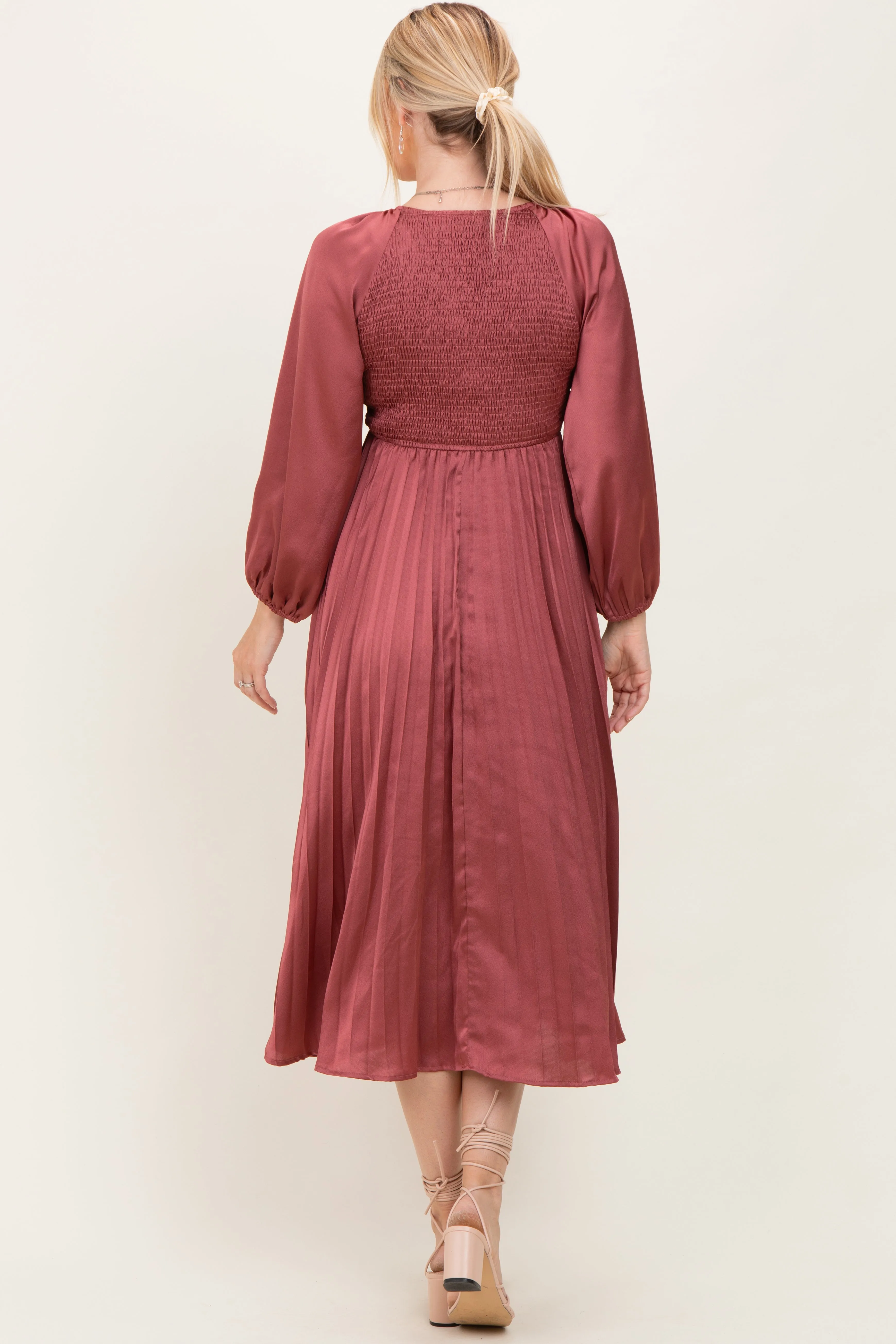 Mauve Satin Smocked Pleated Midi Dress sold by Pinkblush product image thumbnail 3