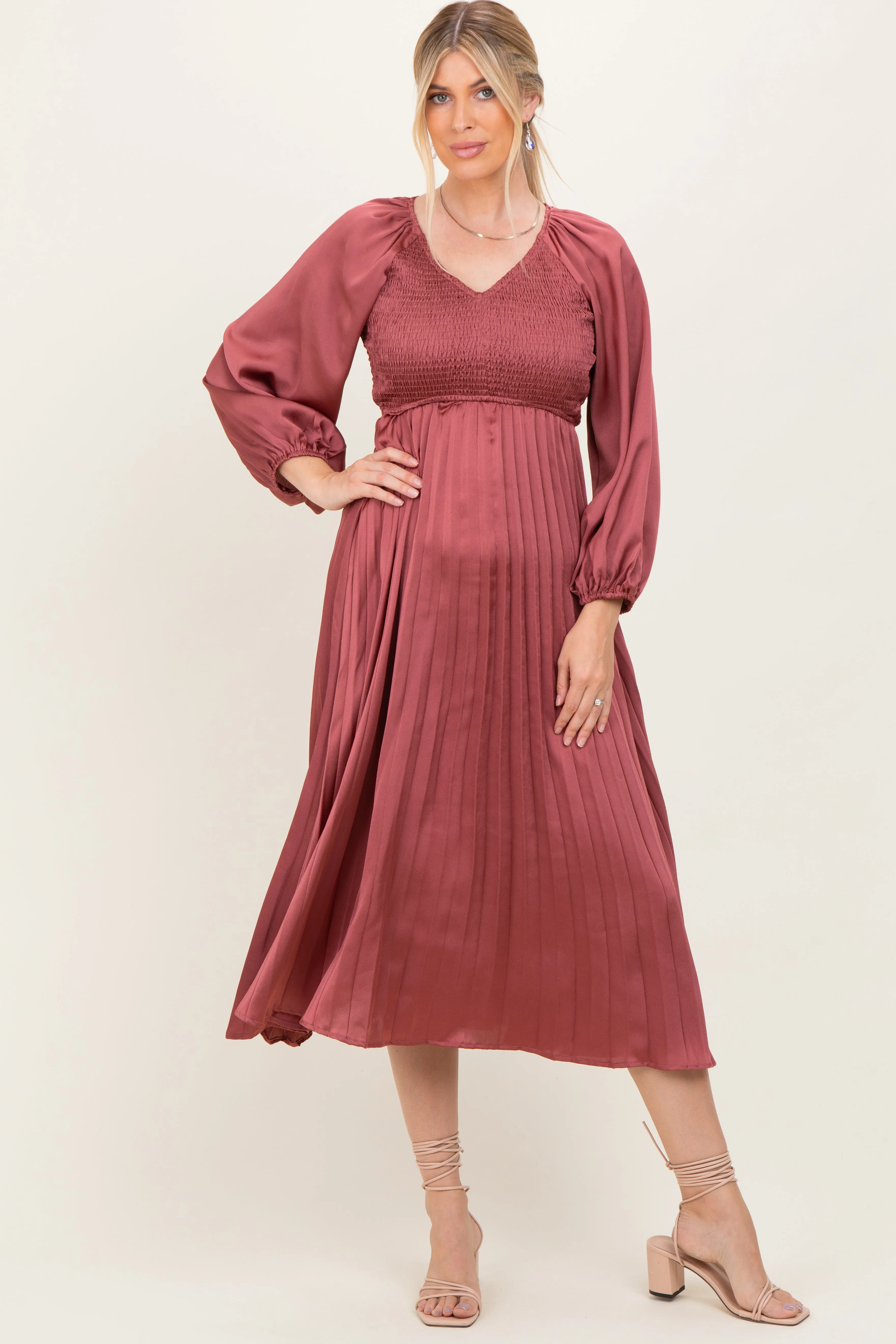 Mauve Satin Smocked Pleated Midi Dress sold by Pinkblush