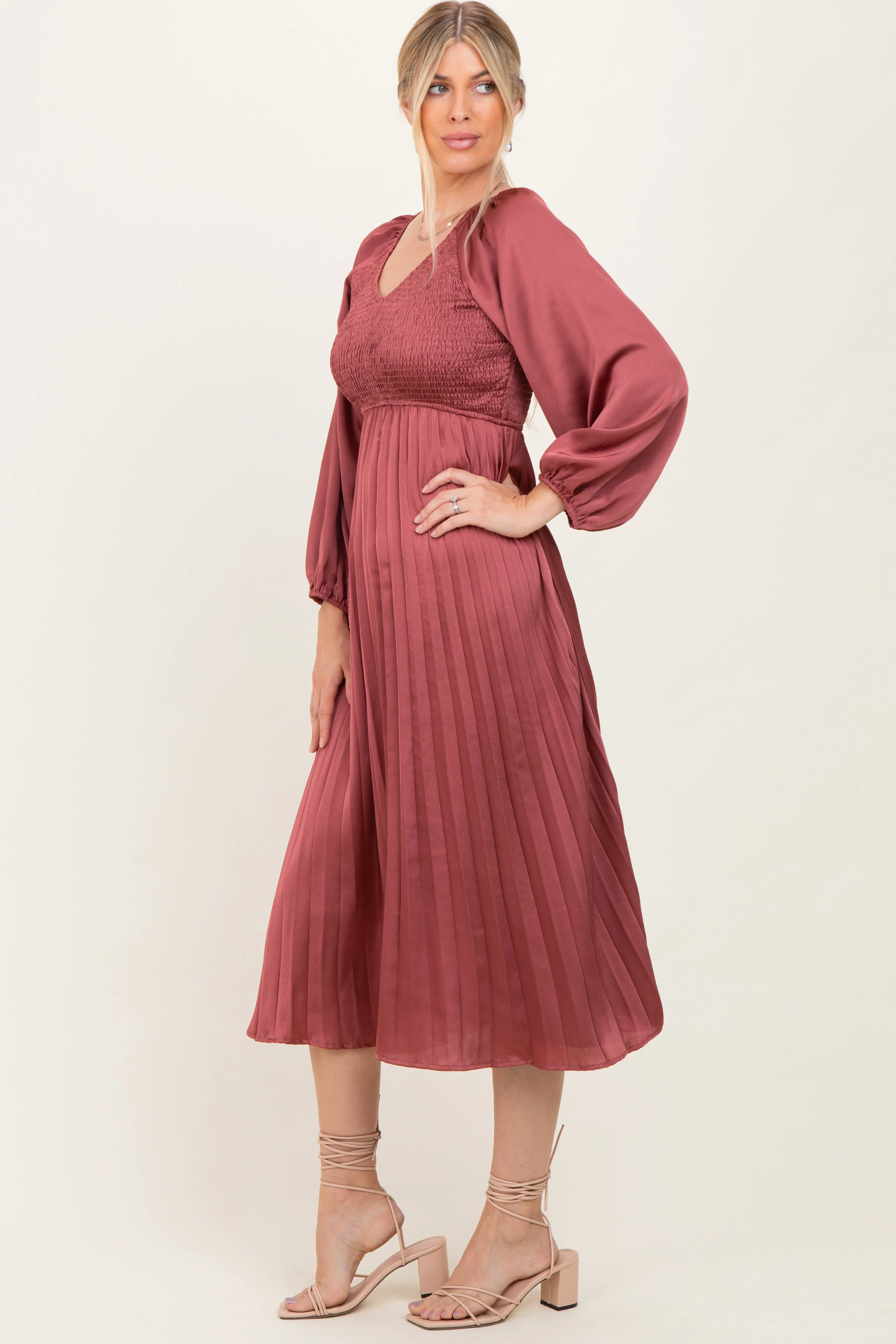 Mauve Satin Smocked Pleated Midi Dress sold by Pinkblush product image thumbnail 2