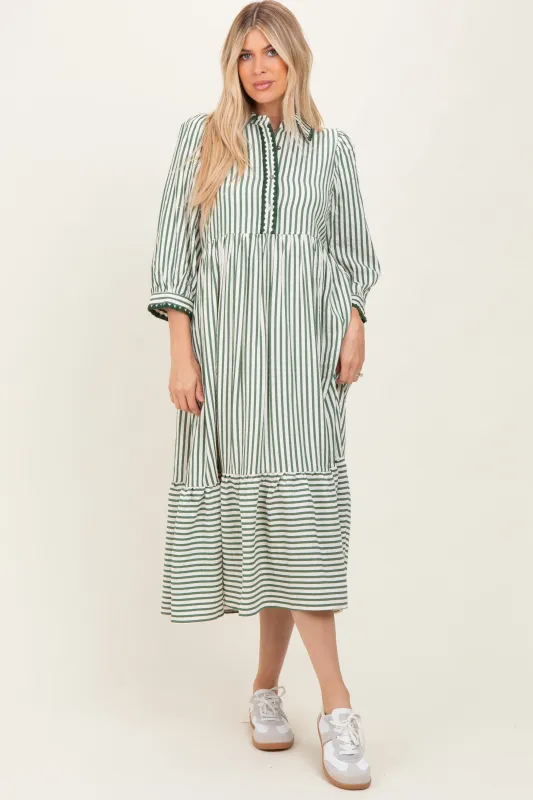 Green Striped Scallop Trim 3/4 Sleeve Midi Dress sold by Pinkblush
