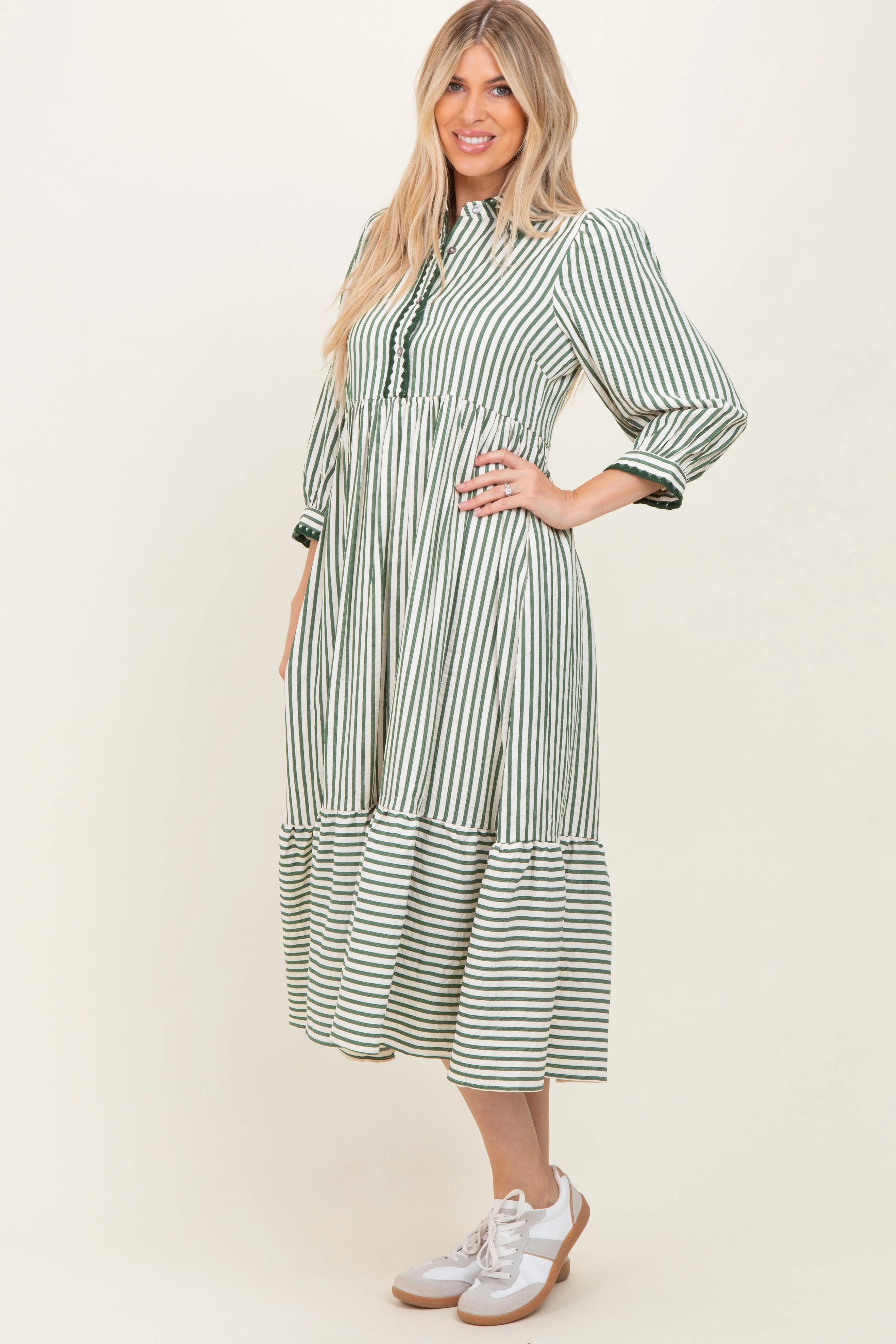 Green Striped Scallop Trim 3/4 Sleeve Midi Dress sold by Pinkblush product image thumbnail 2