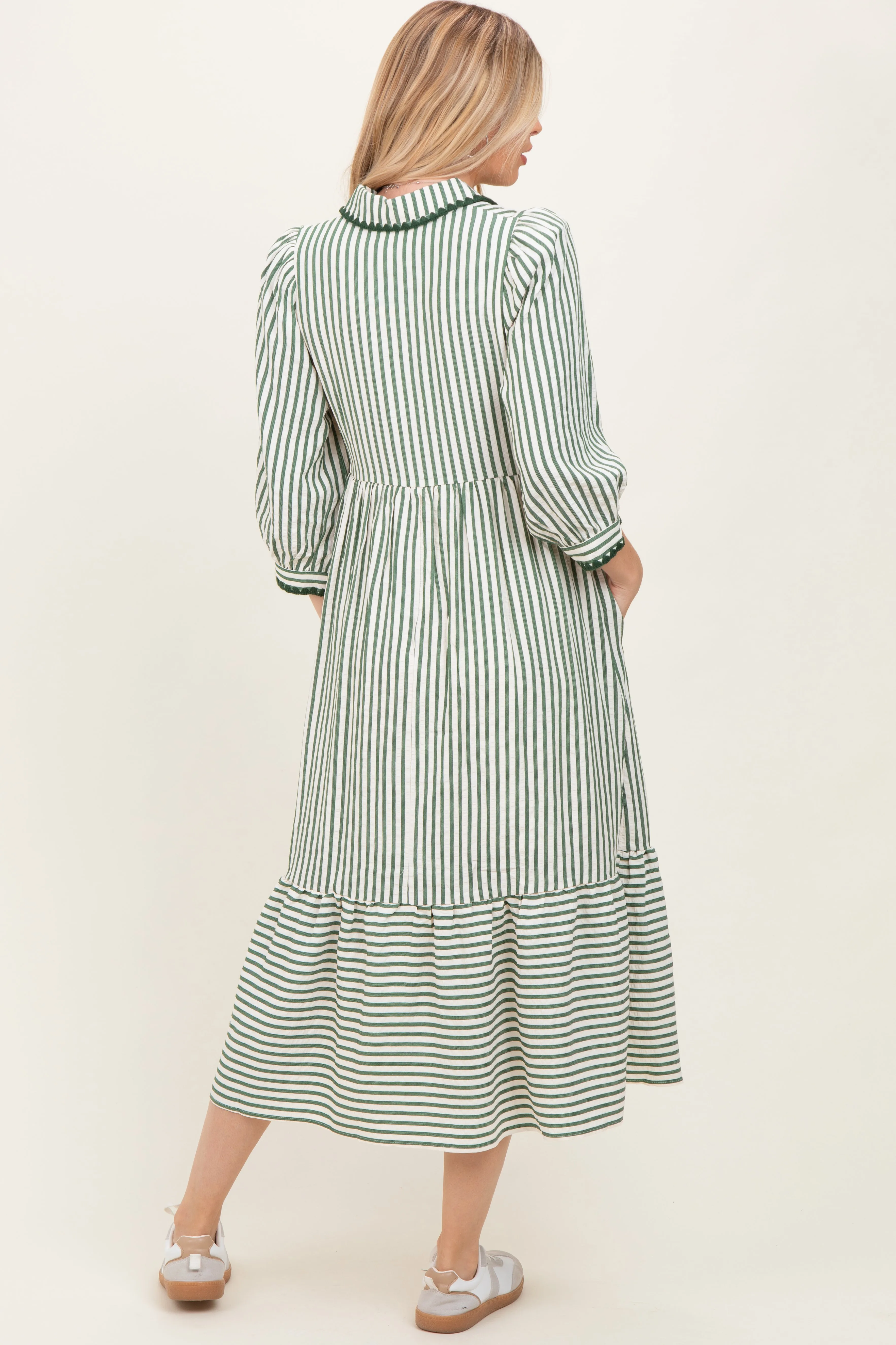 Green Striped Scallop Trim 3/4 Sleeve Midi Dress sold by Pinkblush product image thumbnail 3