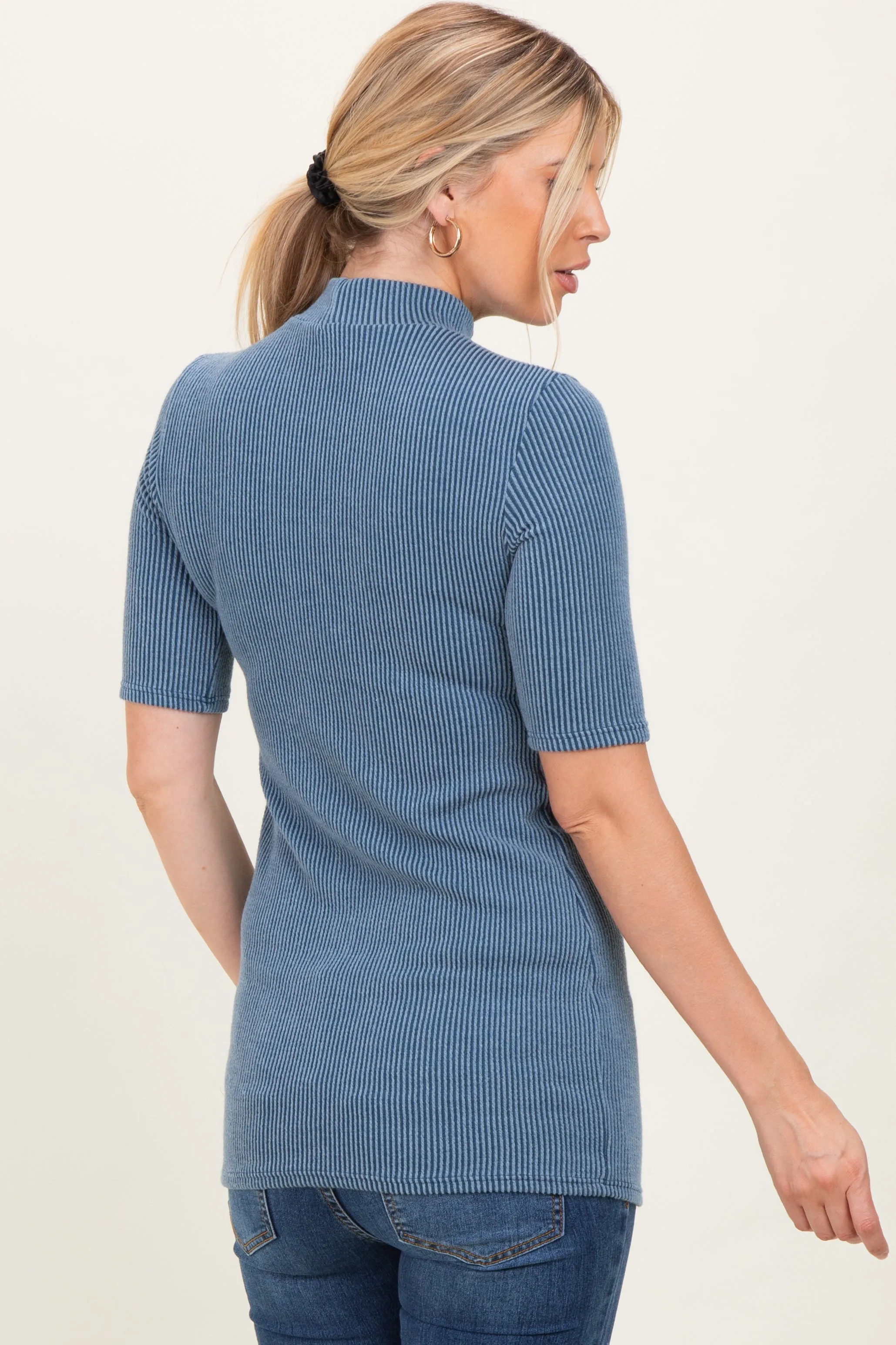 Denim Blue Soft Brushed Knit Mock Neck Top sold by Pinkblush product image thumbnail 4