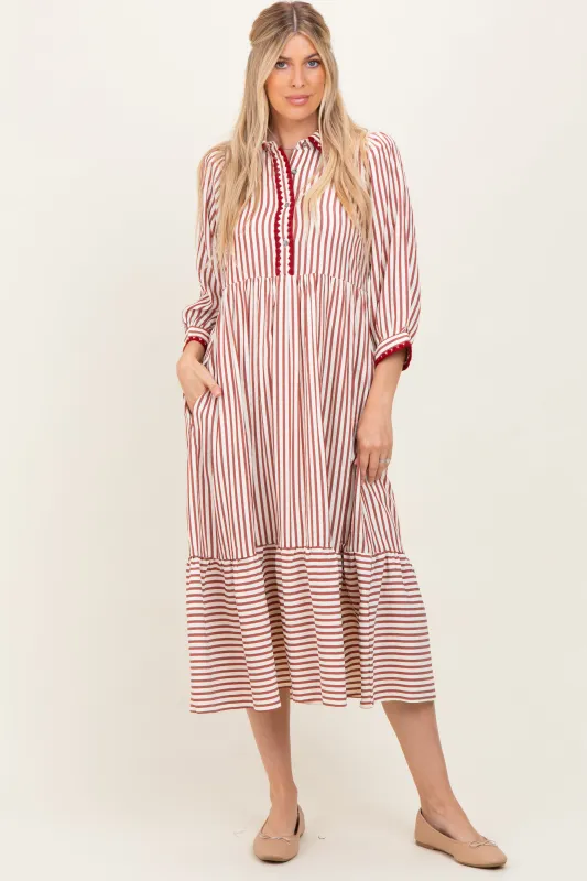 Rust Striped Scallop Trim 3/4 Sleeve Midi Dress sold by Pinkblush