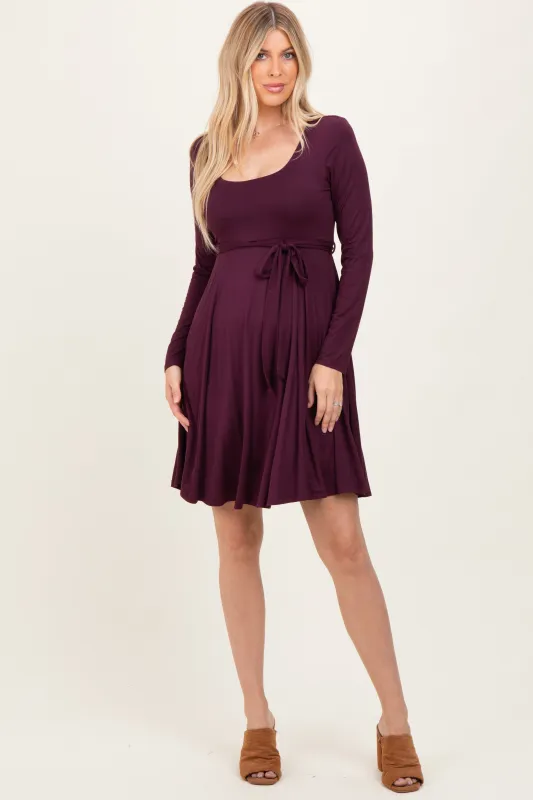 Plum Scoop Neck Long Sleeve Waist Tie Dress sold by Pinkblush