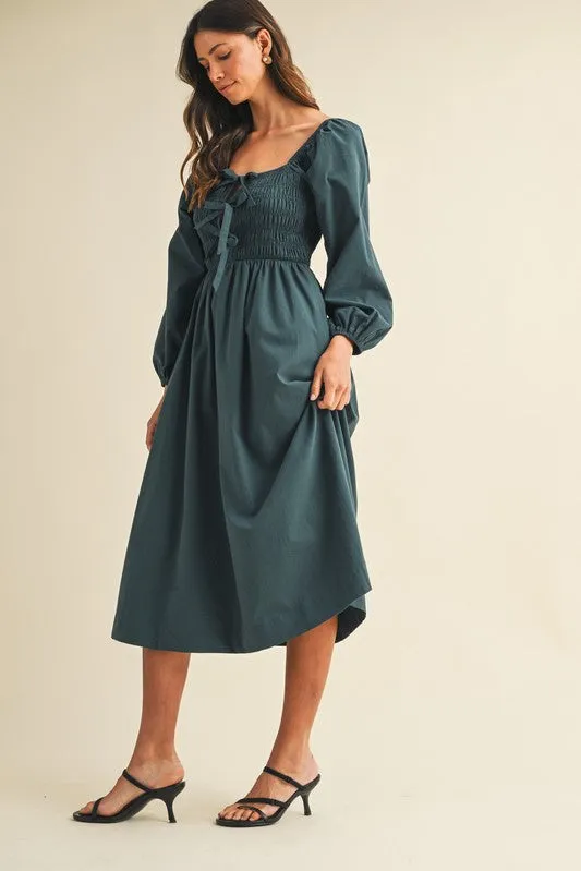 Forest Green Bow Detail Smocked Midi Dress sold by Pinkblush product image thumbnail 3