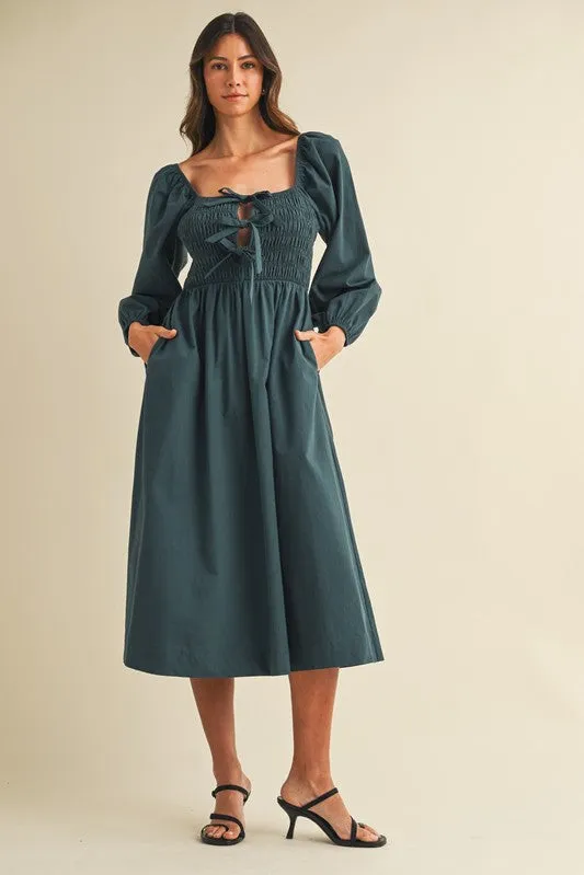 Forest Green Bow Detail Smocked Midi Dress sold by Pinkblush