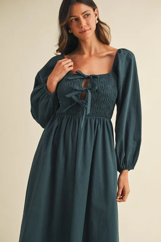 Forest Green Bow Detail Smocked Midi Dress sold by Pinkblush product image thumbnail 5