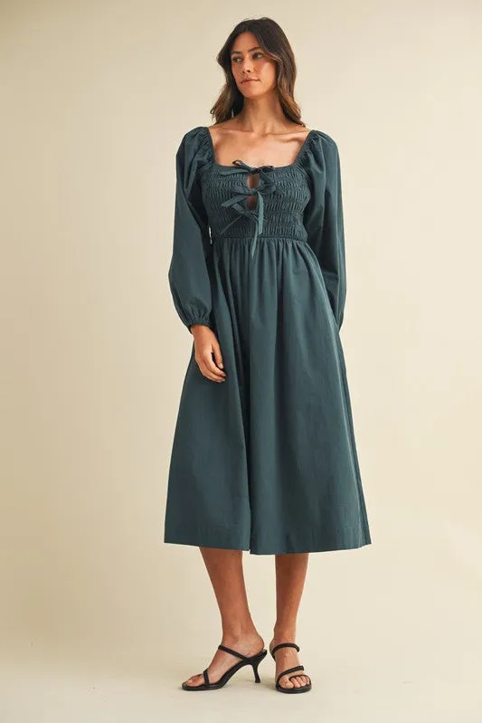 Forest Green Bow Detail Smocked Midi Dress sold by Pinkblush product image thumbnail 2