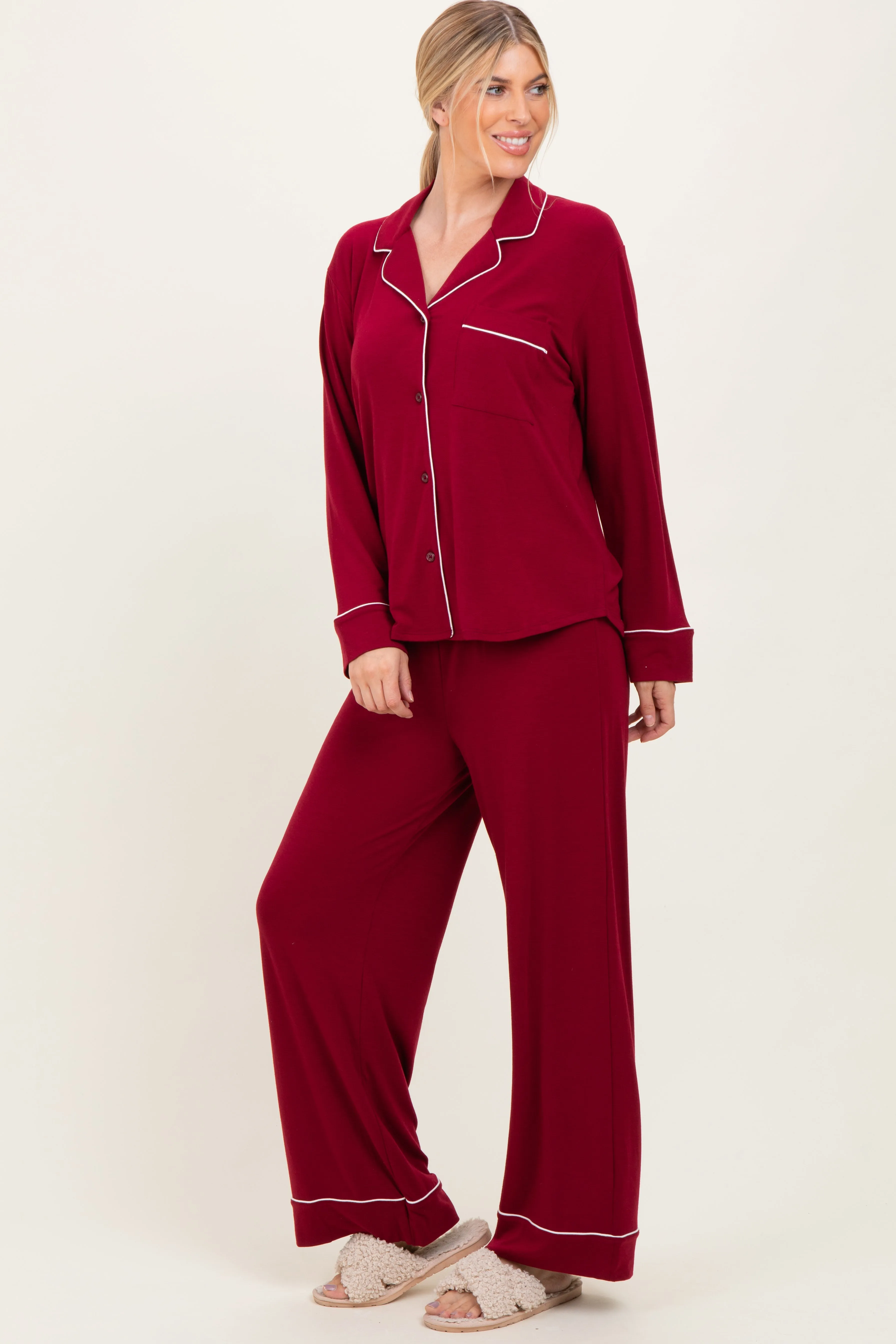 Burgundy Button Down Top Wide Leg Pant Pajama Set sold by Pinkblush product image thumbnail 3