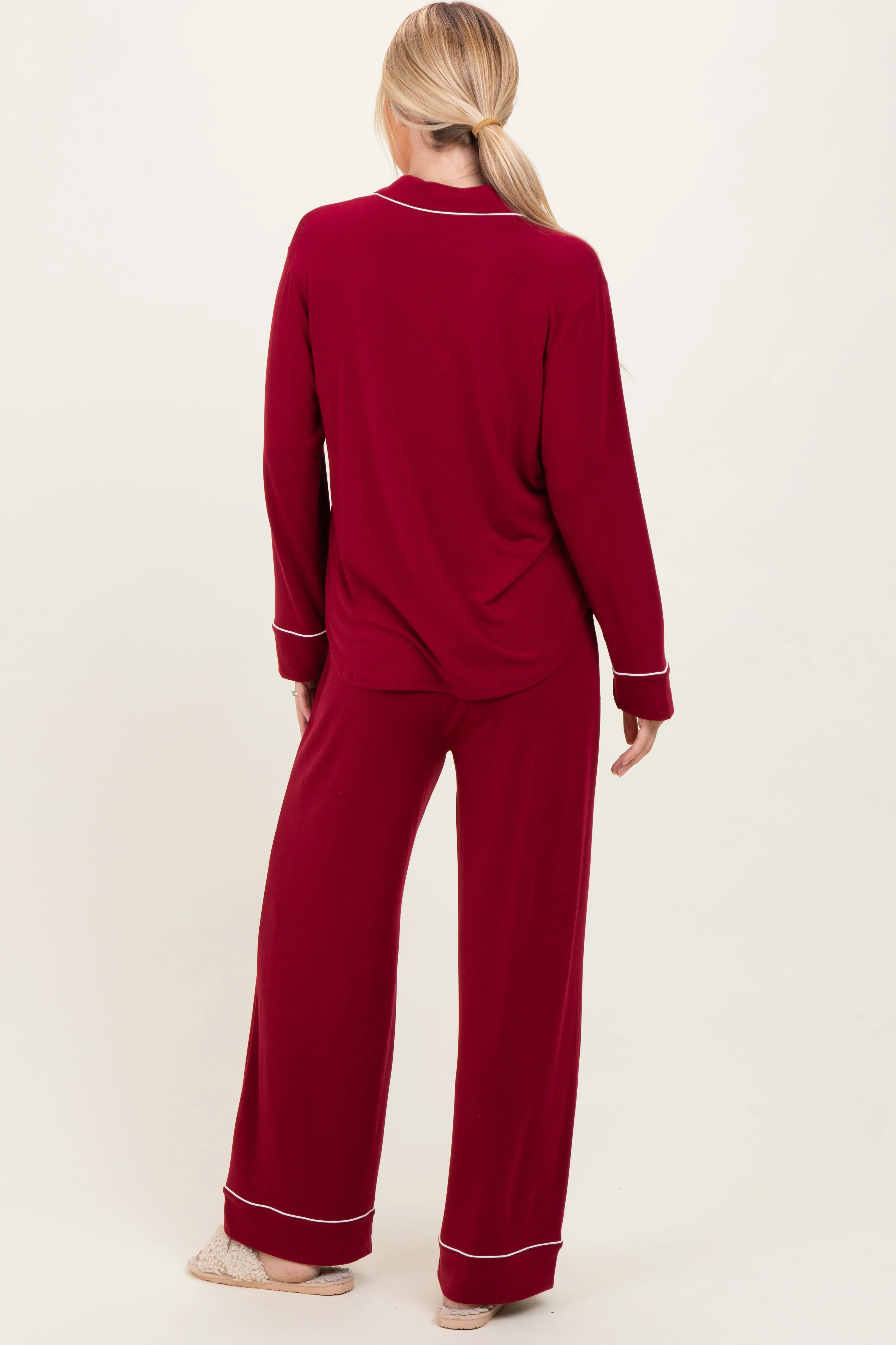 Burgundy Button Down Top Wide Leg Pant Pajama Set sold by Pinkblush product image thumbnail 4