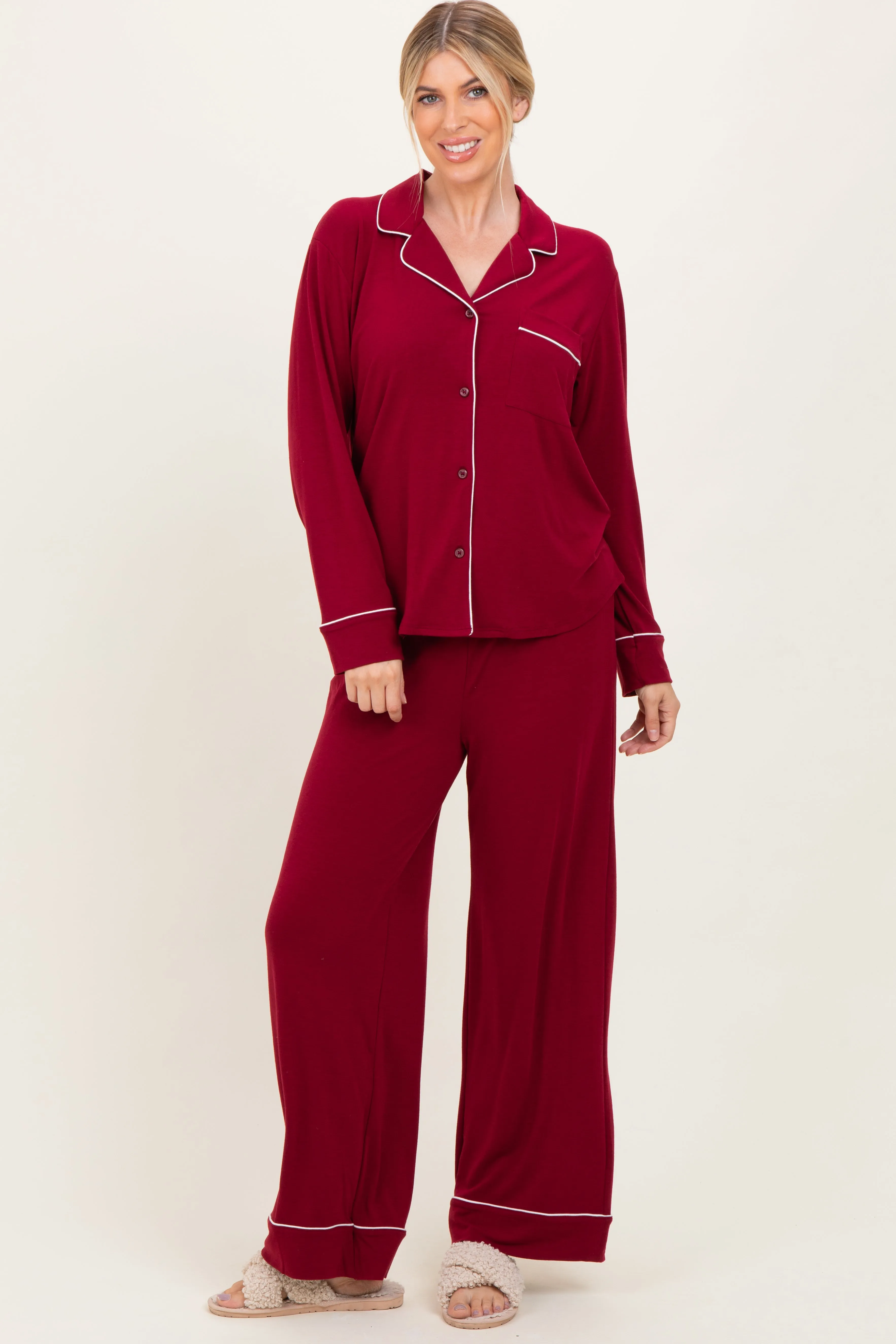 Burgundy Button Down Top Wide Leg Pant Pajama Set sold by Pinkblush
