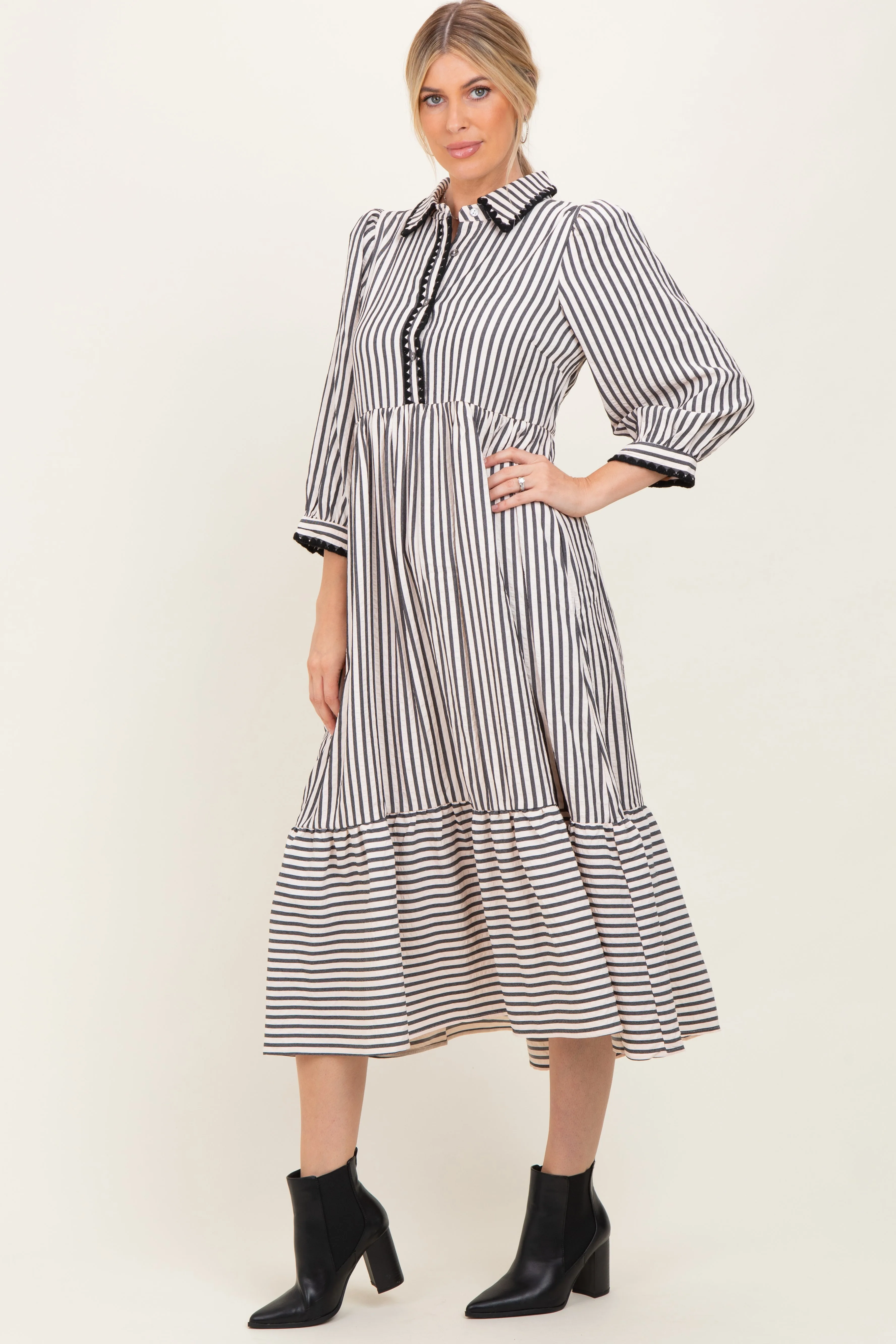 Black Striped Scallop Trim 3/4 Sleeve Midi Dress sold by Pinkblush product image thumbnail 3