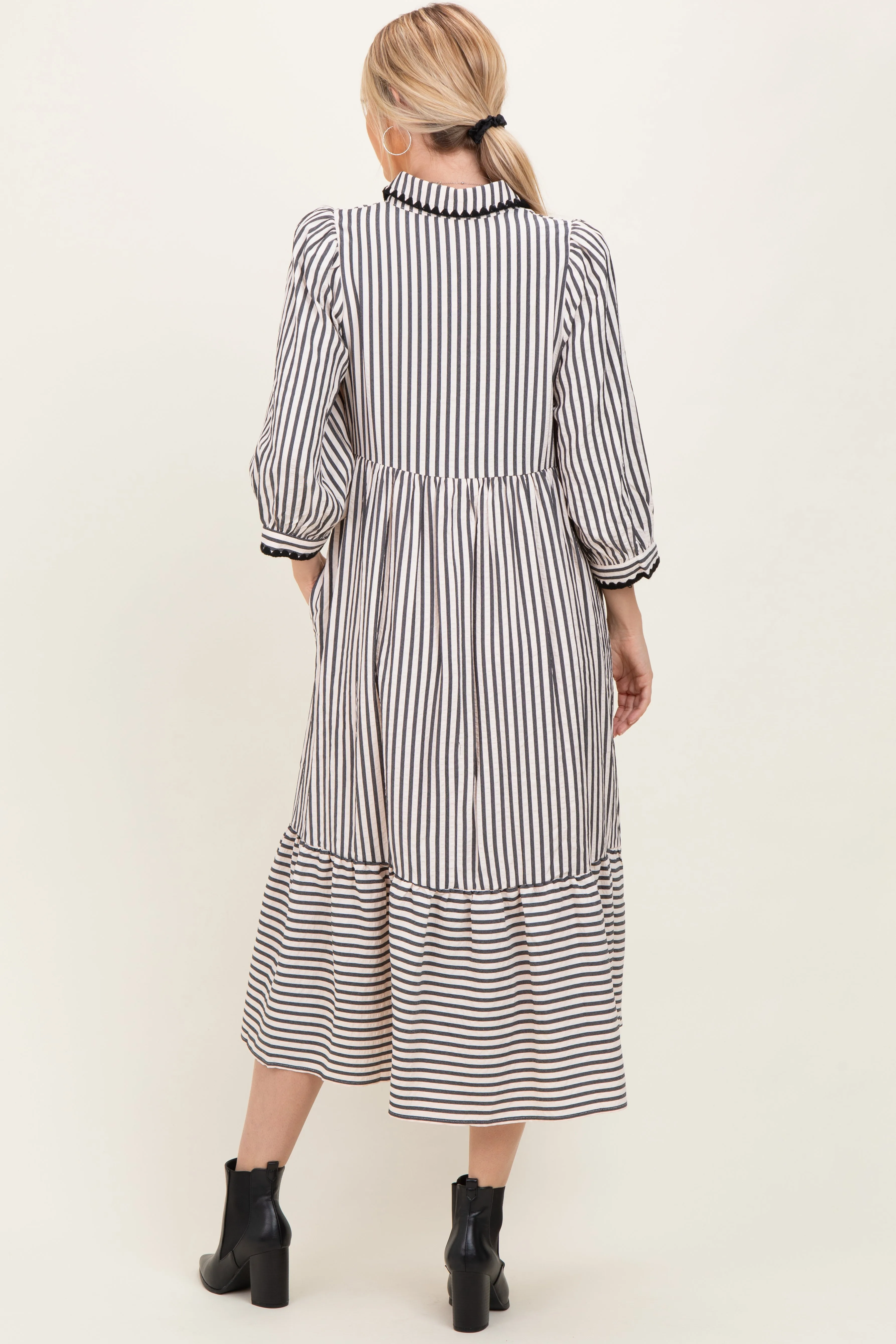 Black Striped Scallop Trim 3/4 Sleeve Midi Dress sold by Pinkblush product image thumbnail 4