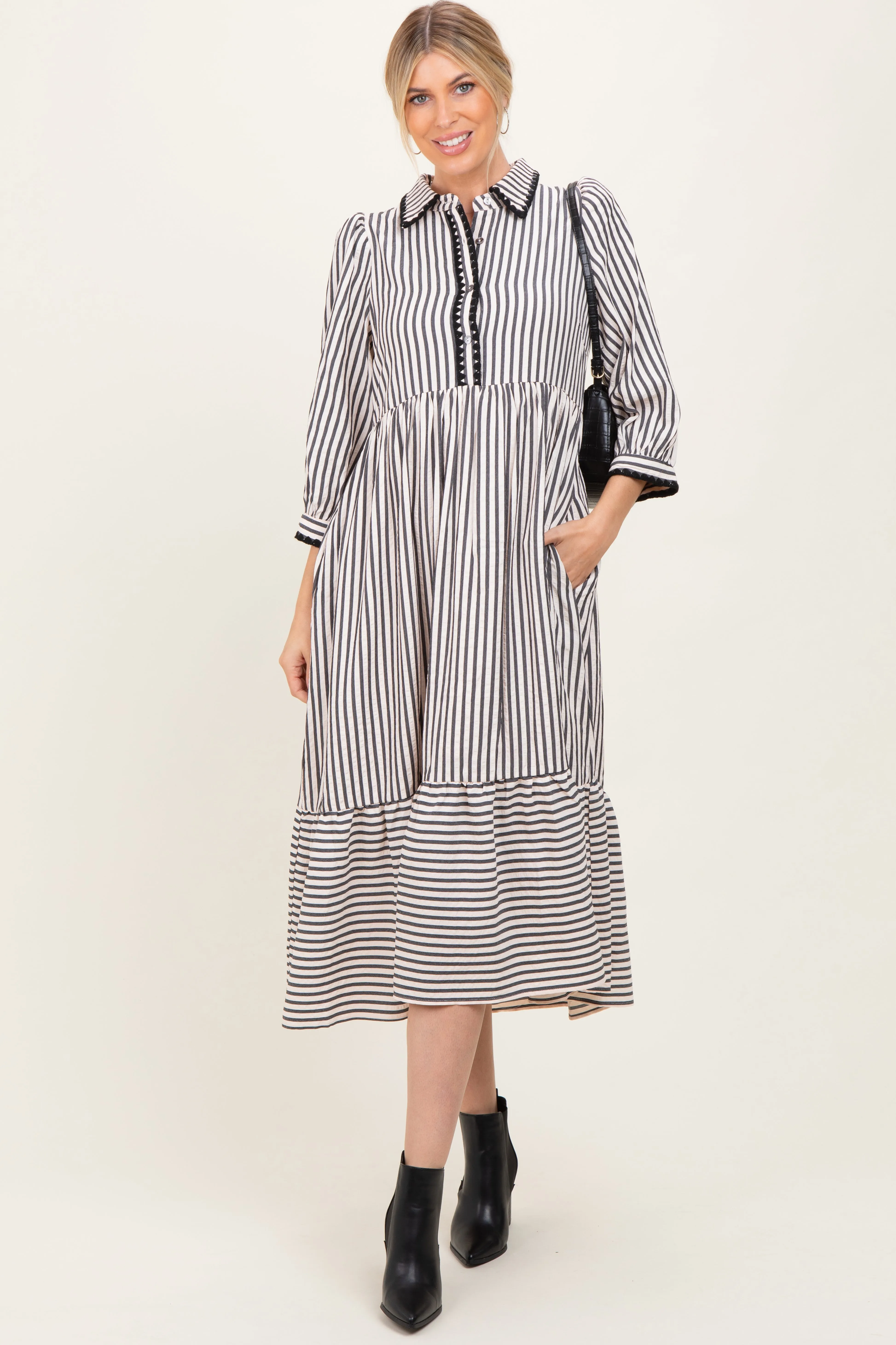 Black Striped Scallop Trim 3/4 Sleeve Midi Dress sold by Pinkblush product image thumbnail 2