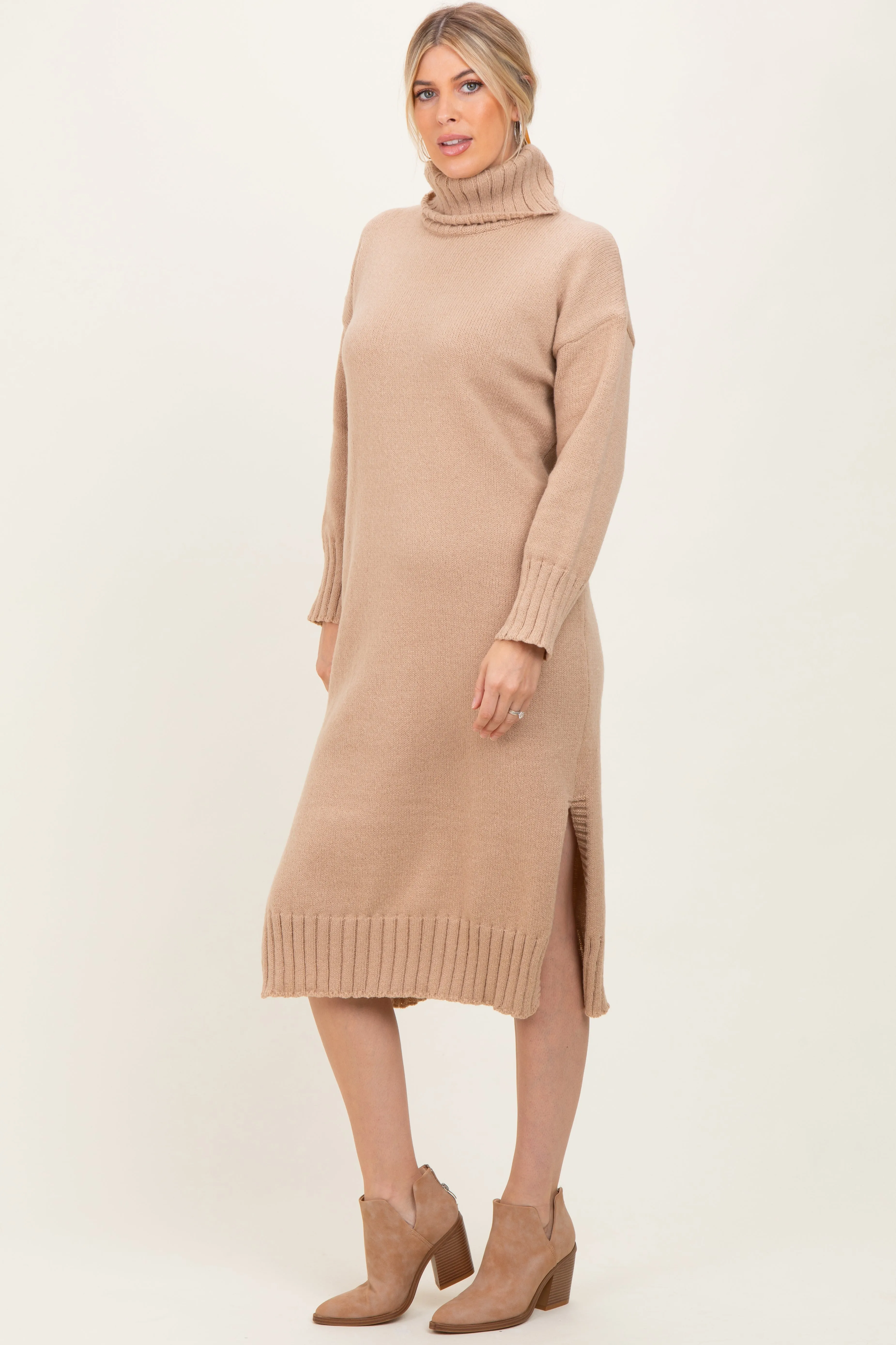 Camel Turtleneck Chunky Knit Midi Sweater Dress sold by Pinkblush product image thumbnail 2