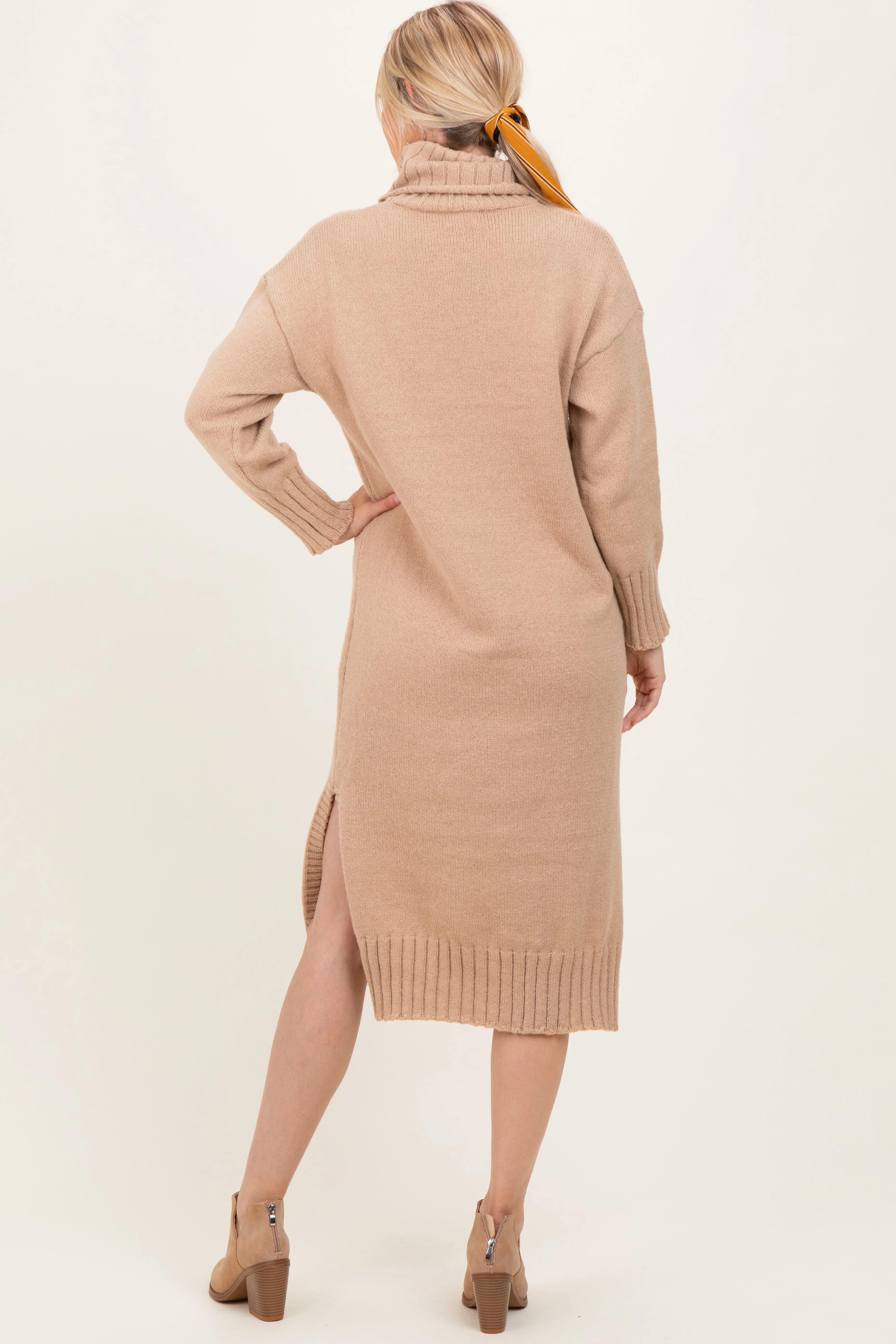 Camel Turtleneck Chunky Knit Midi Sweater Dress sold by Pinkblush product image thumbnail 3