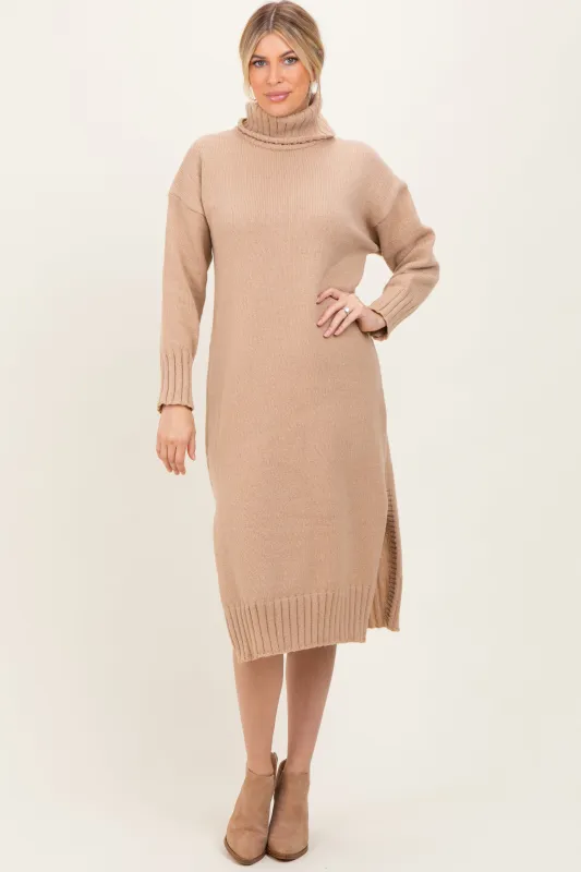 Camel Turtleneck Chunky Knit Midi Sweater Dress sold by Pinkblush