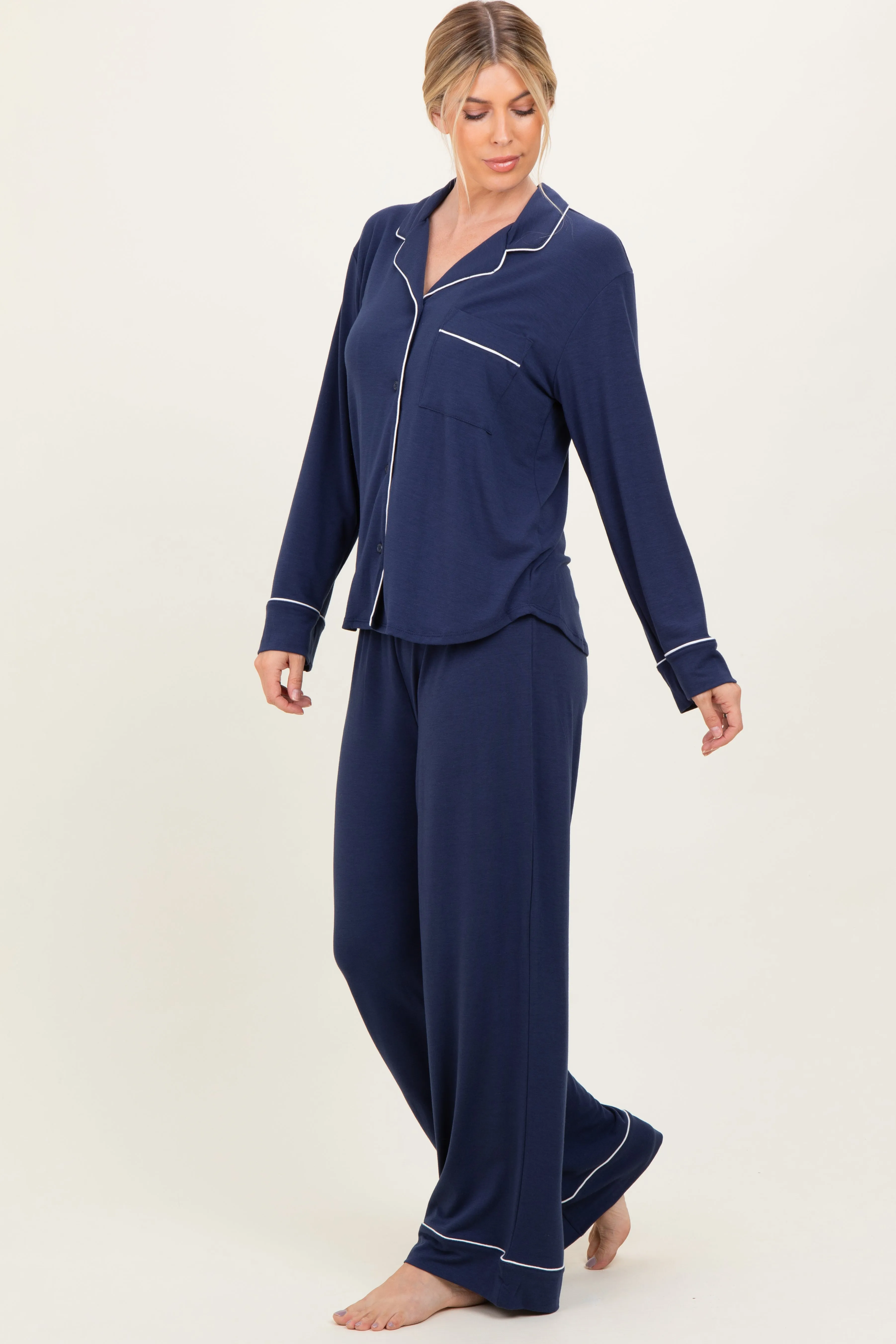 Dark Navy Button Down Top Wide Leg Pant Pajama Set sold by Pinkblush product image thumbnail 2