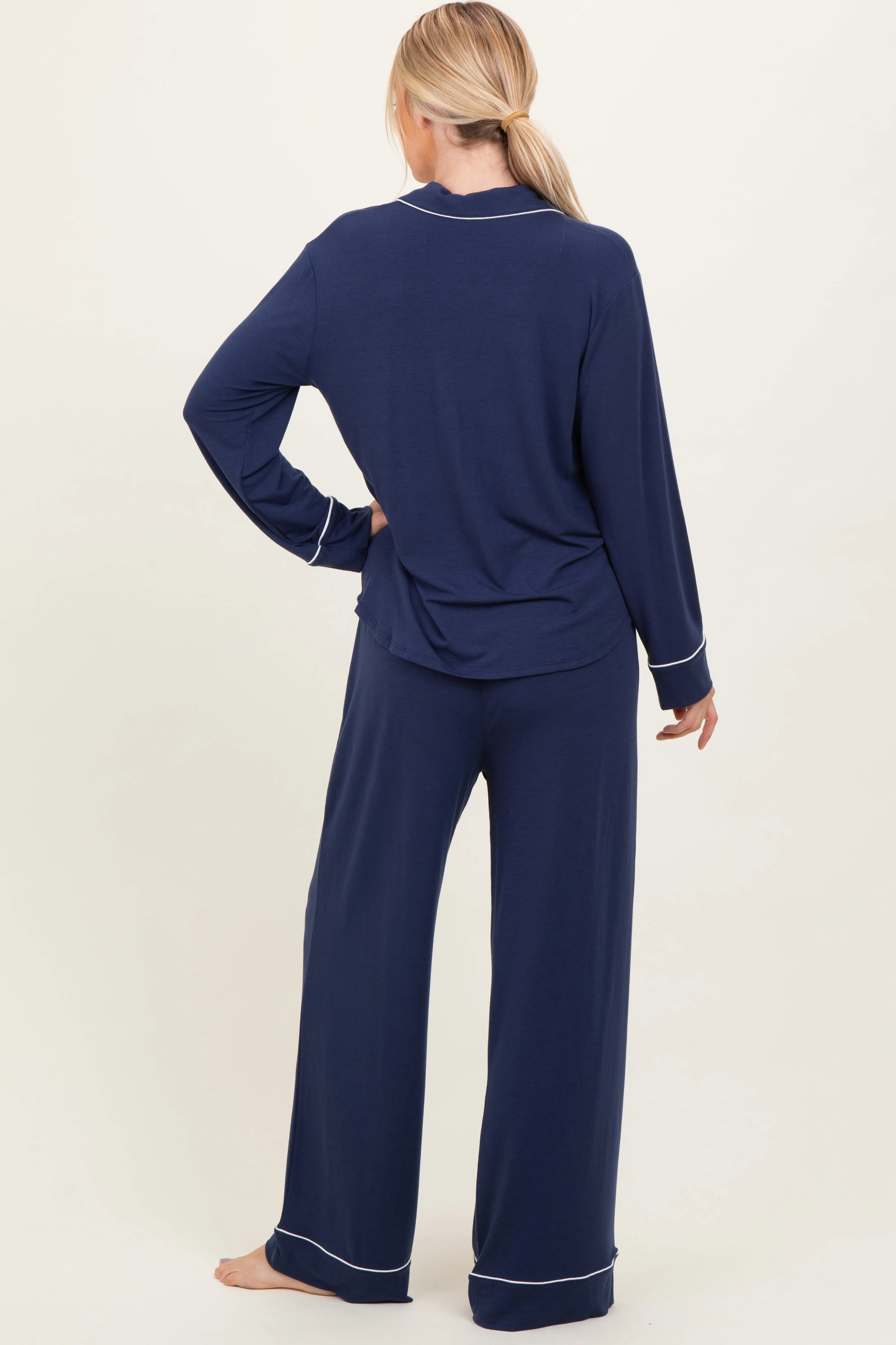 Dark Navy Button Down Top Wide Leg Pant Pajama Set sold by Pinkblush product image thumbnail 3