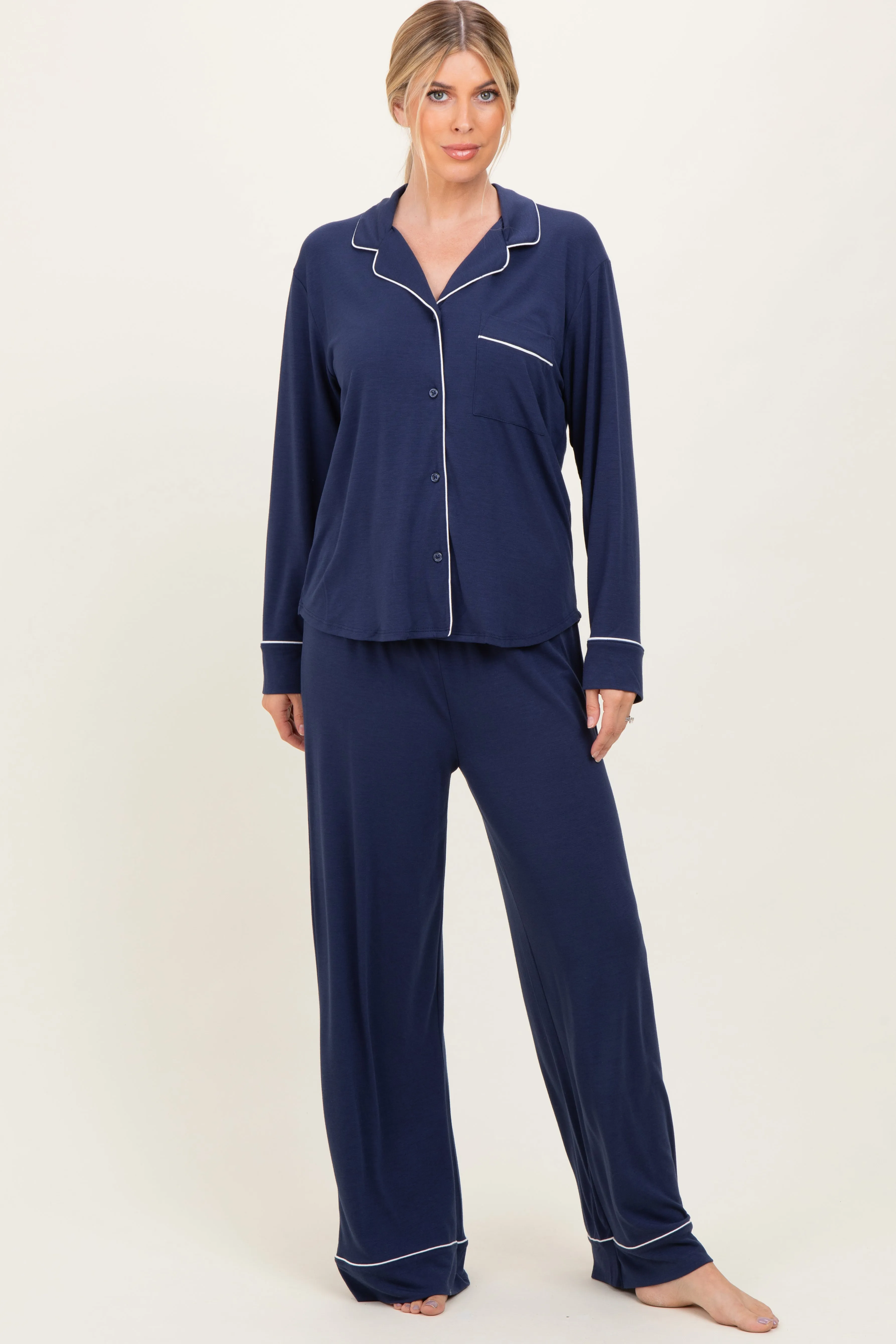 Dark Navy Button Down Top Wide Leg Pant Pajama Set sold by Pinkblush