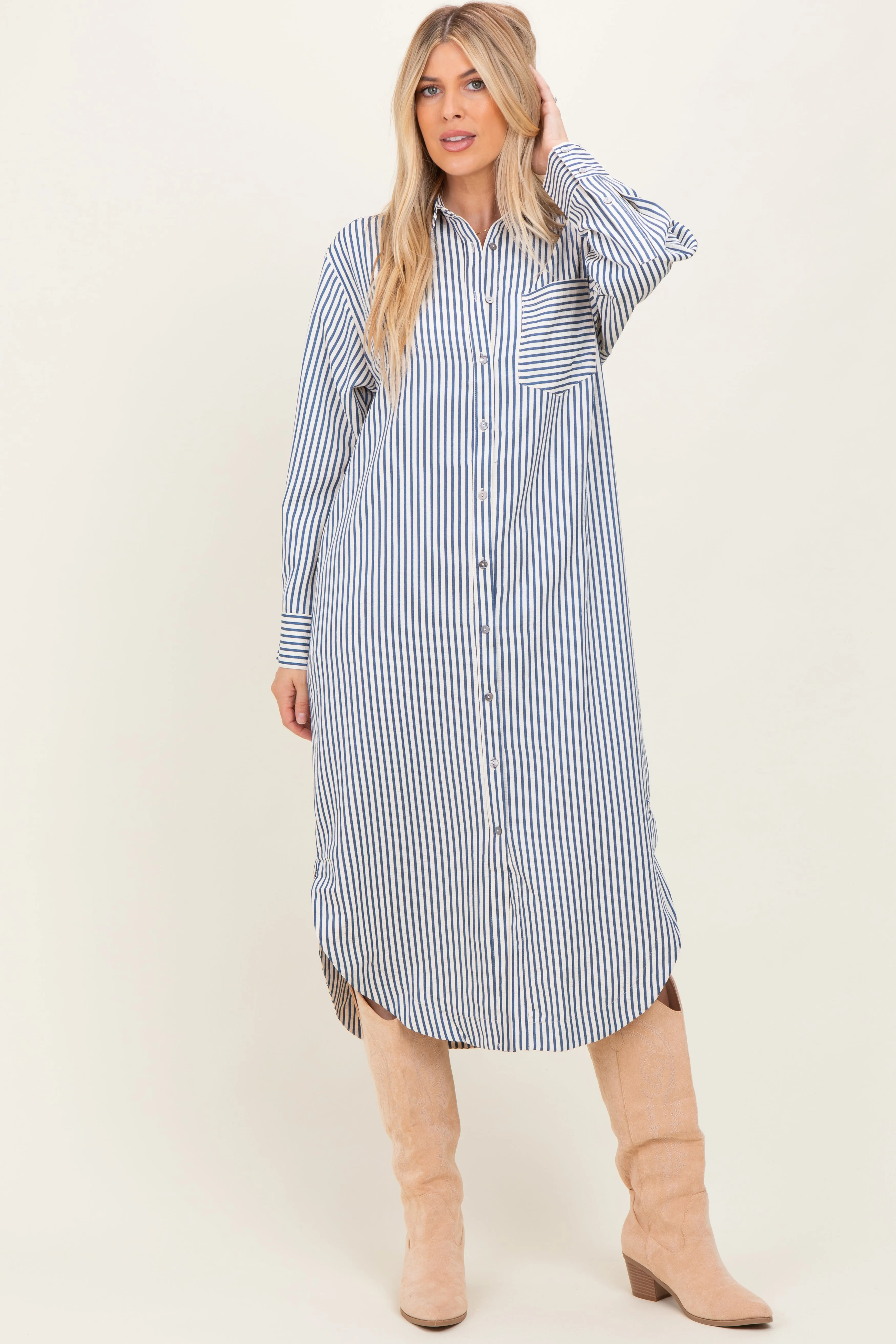 Navy Textured Stripe Button Down Shirt Dress sold by Pinkblush product image thumbnail 2