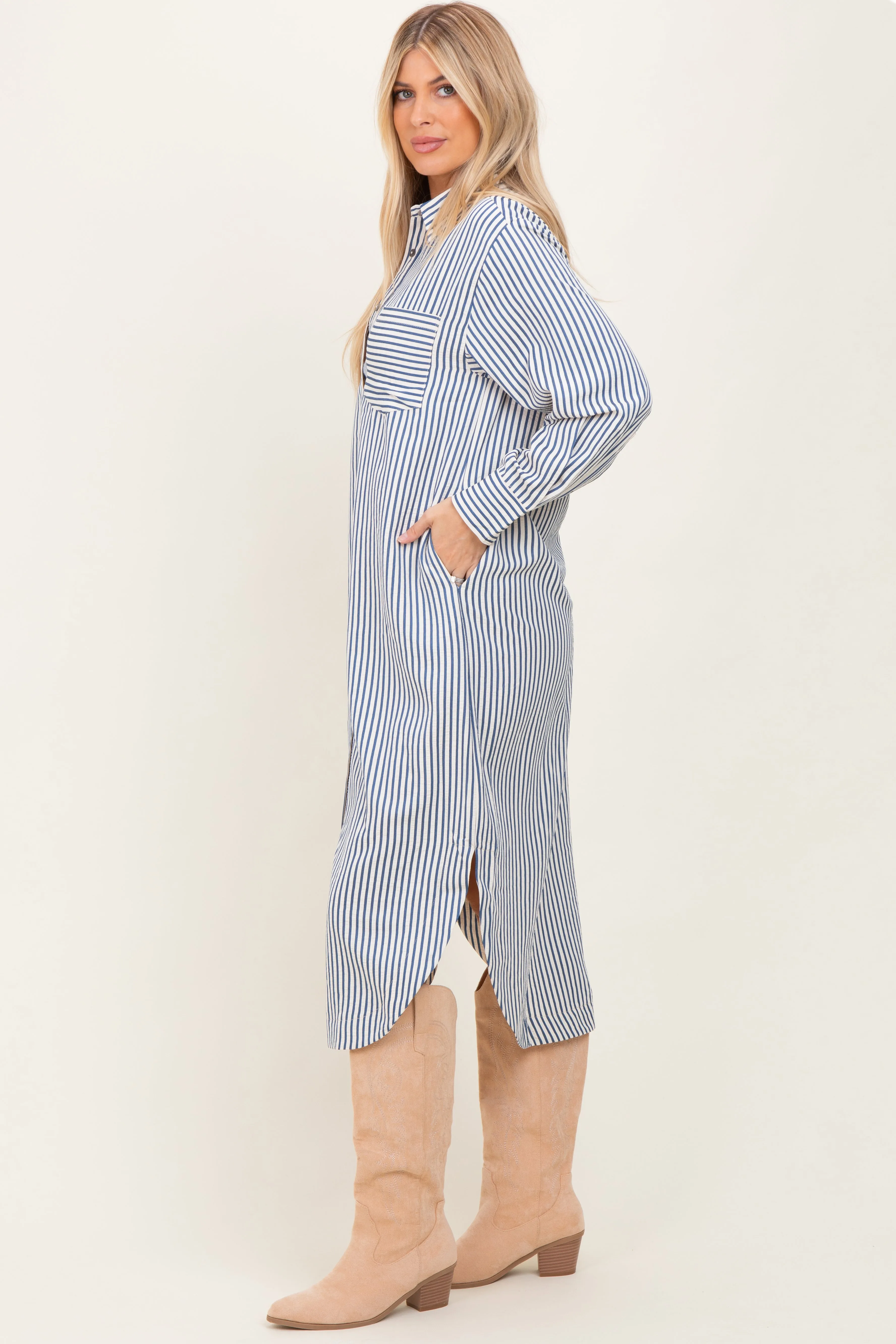 Navy Textured Stripe Button Down Shirt Dress sold by Pinkblush product image thumbnail 3