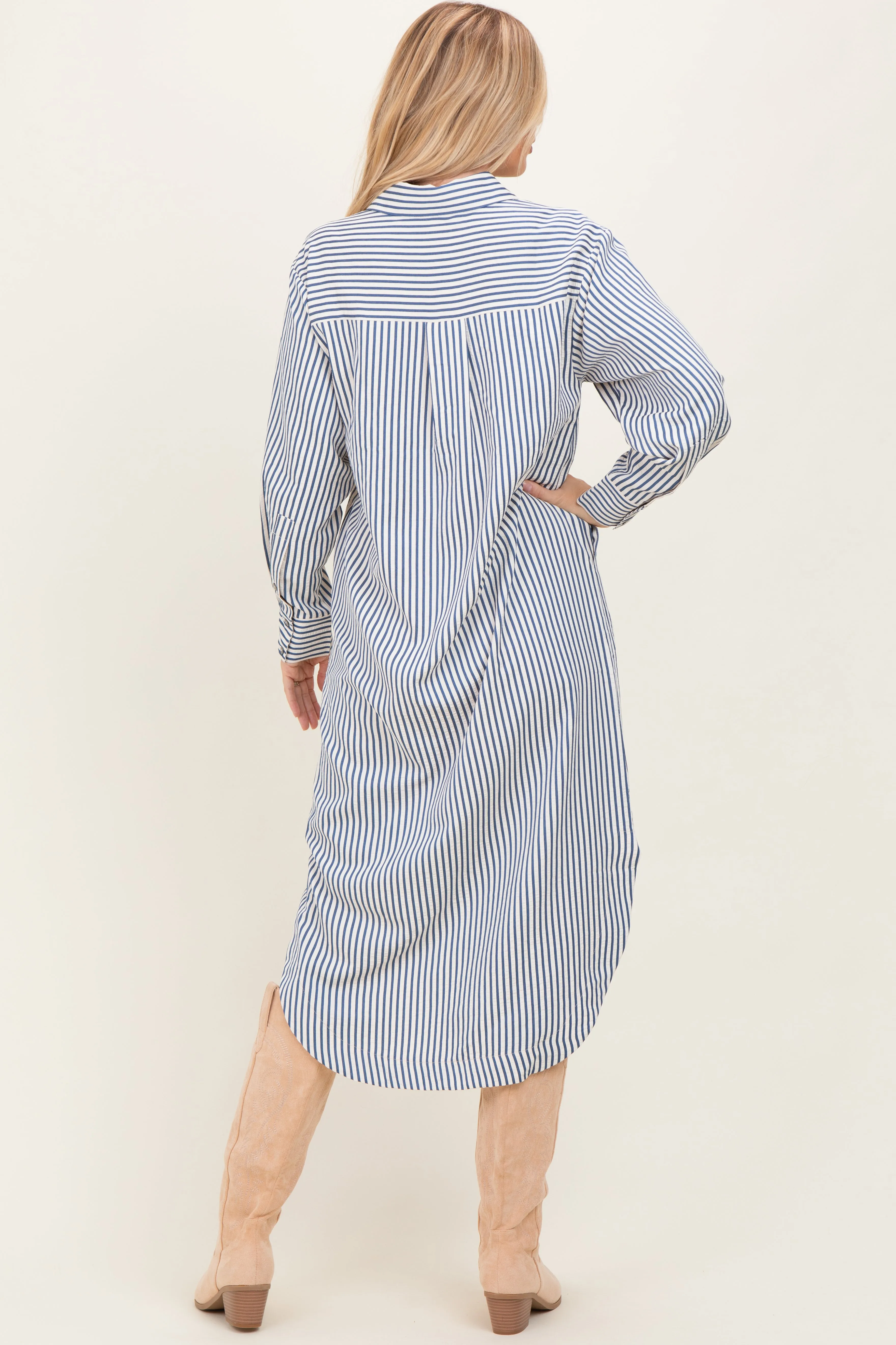 Navy Textured Stripe Button Down Shirt Dress sold by Pinkblush product image thumbnail 4