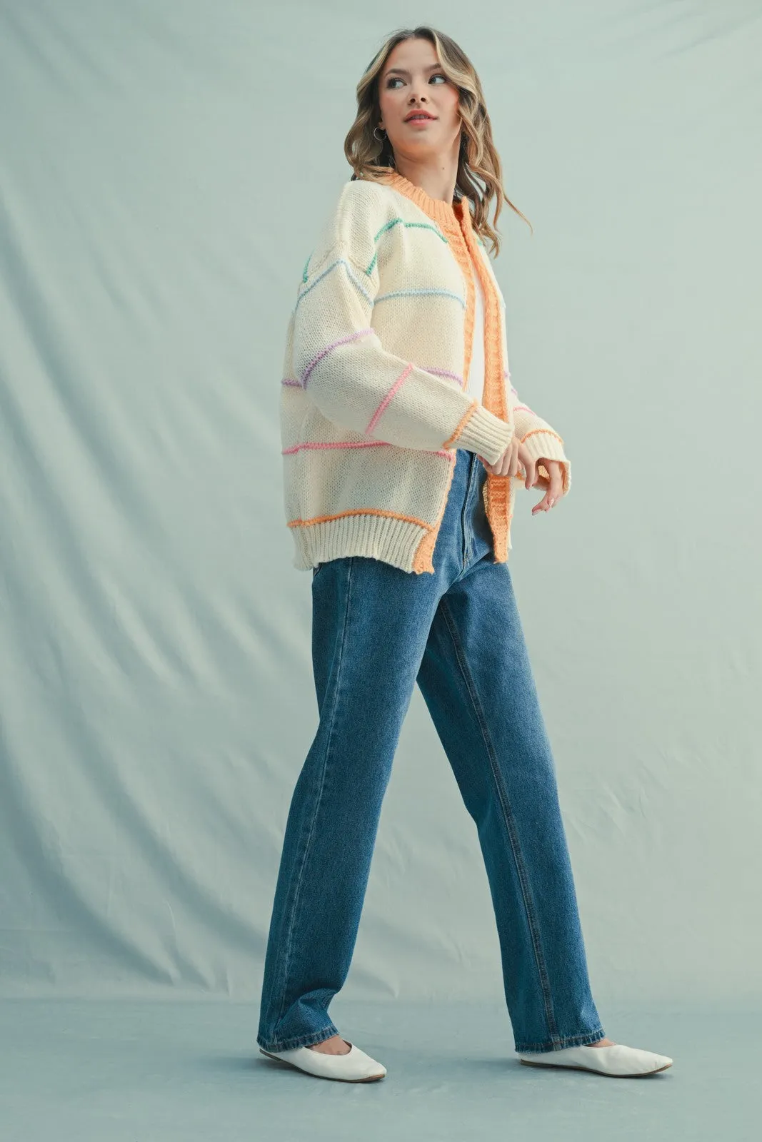 Cream Multicolor Stripe Chunky Knit Cardigan sold by Pinkblush product image thumbnail 3