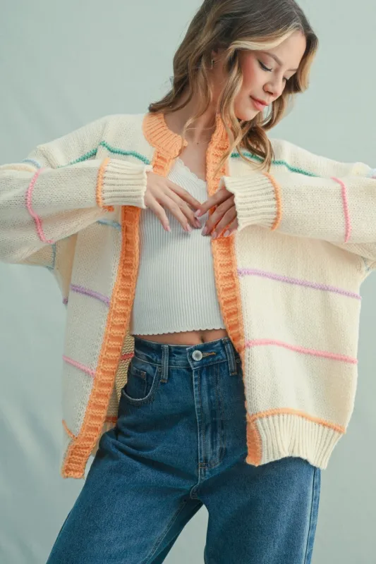 Cream Multicolor Stripe Chunky Knit Cardigan sold by Pinkblush