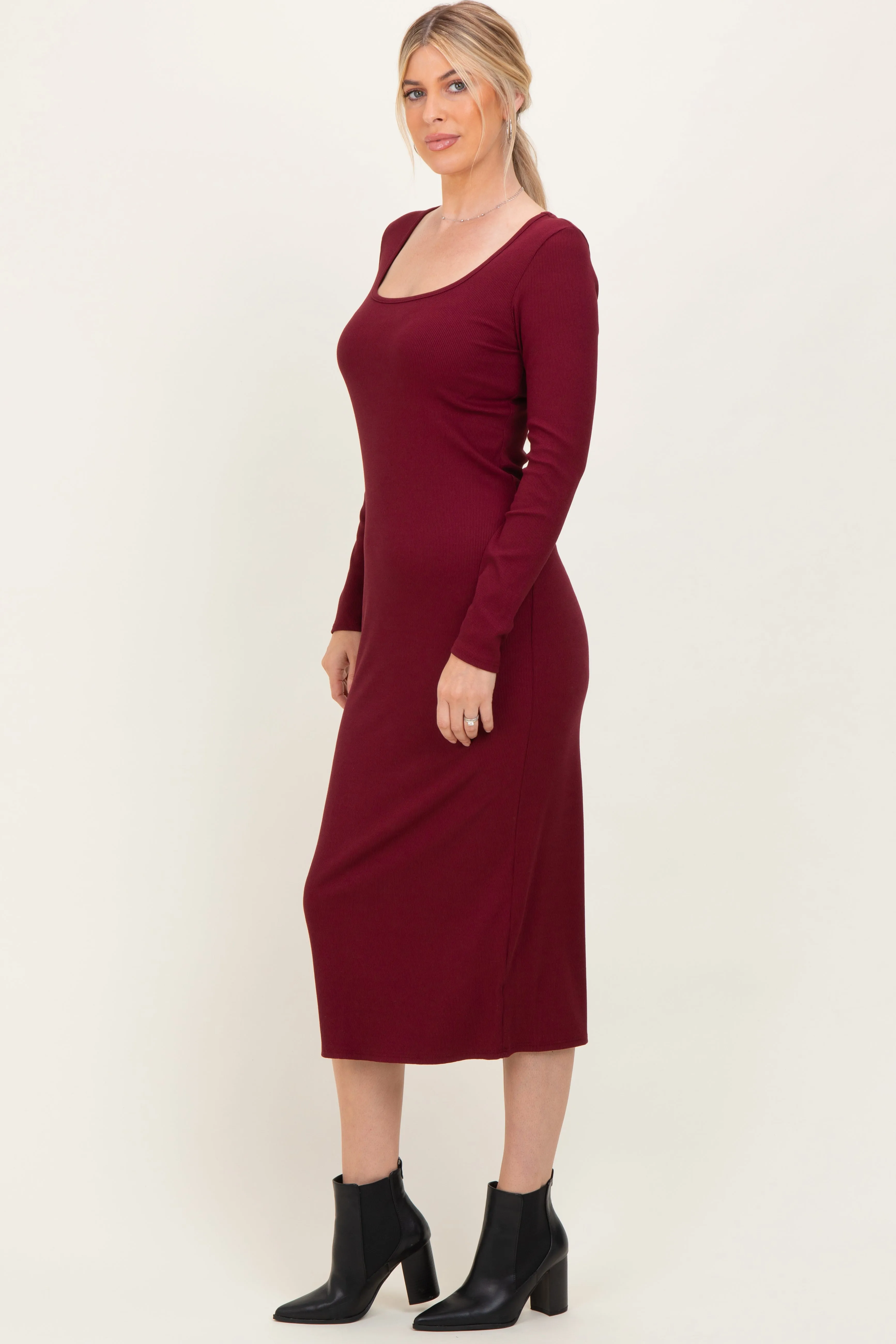 Burgundy Scoop Neck Long Sleeve Midi Dress sold by Pinkblush product image thumbnail 3