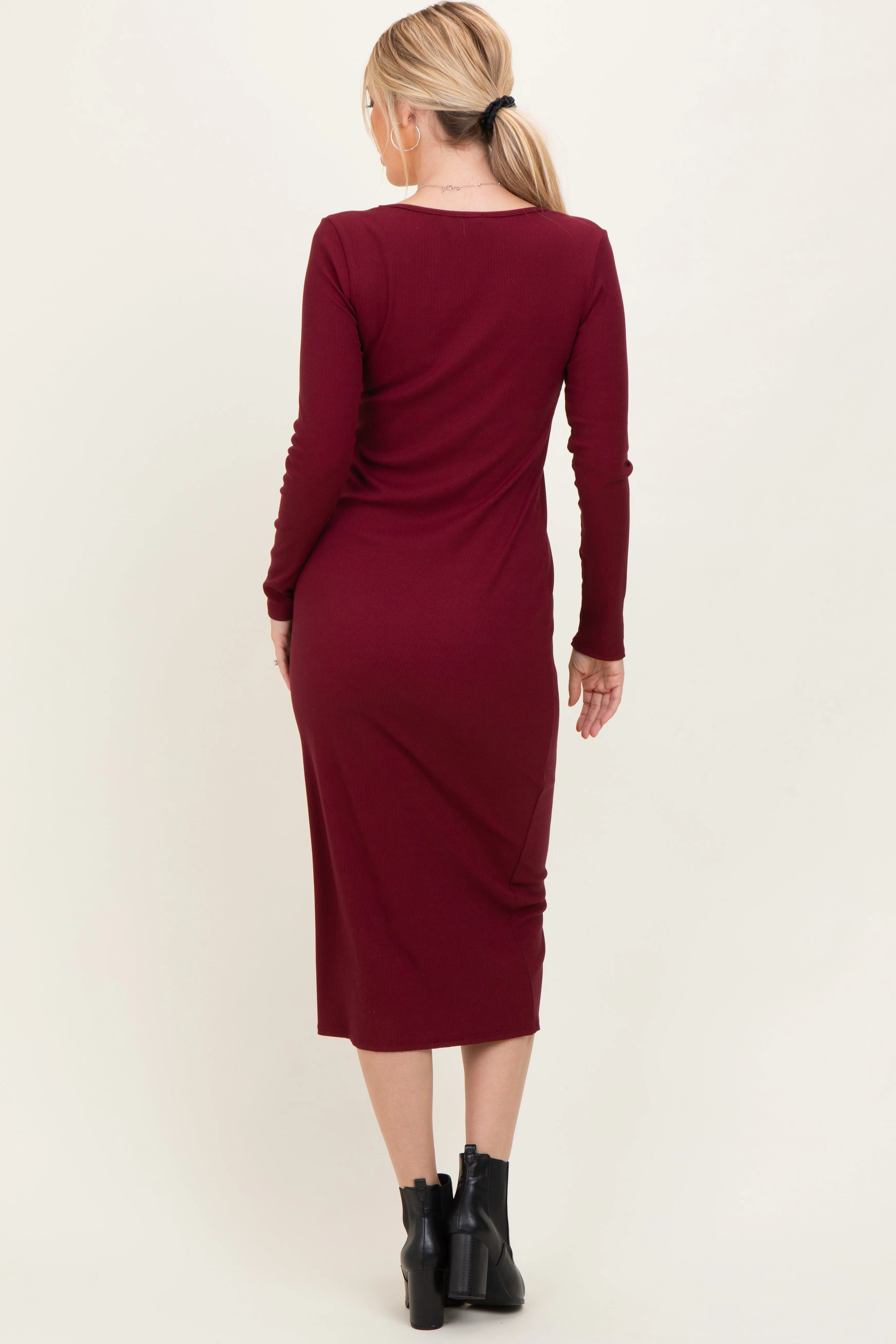 Burgundy Scoop Neck Long Sleeve Midi Dress sold by Pinkblush product image thumbnail 4