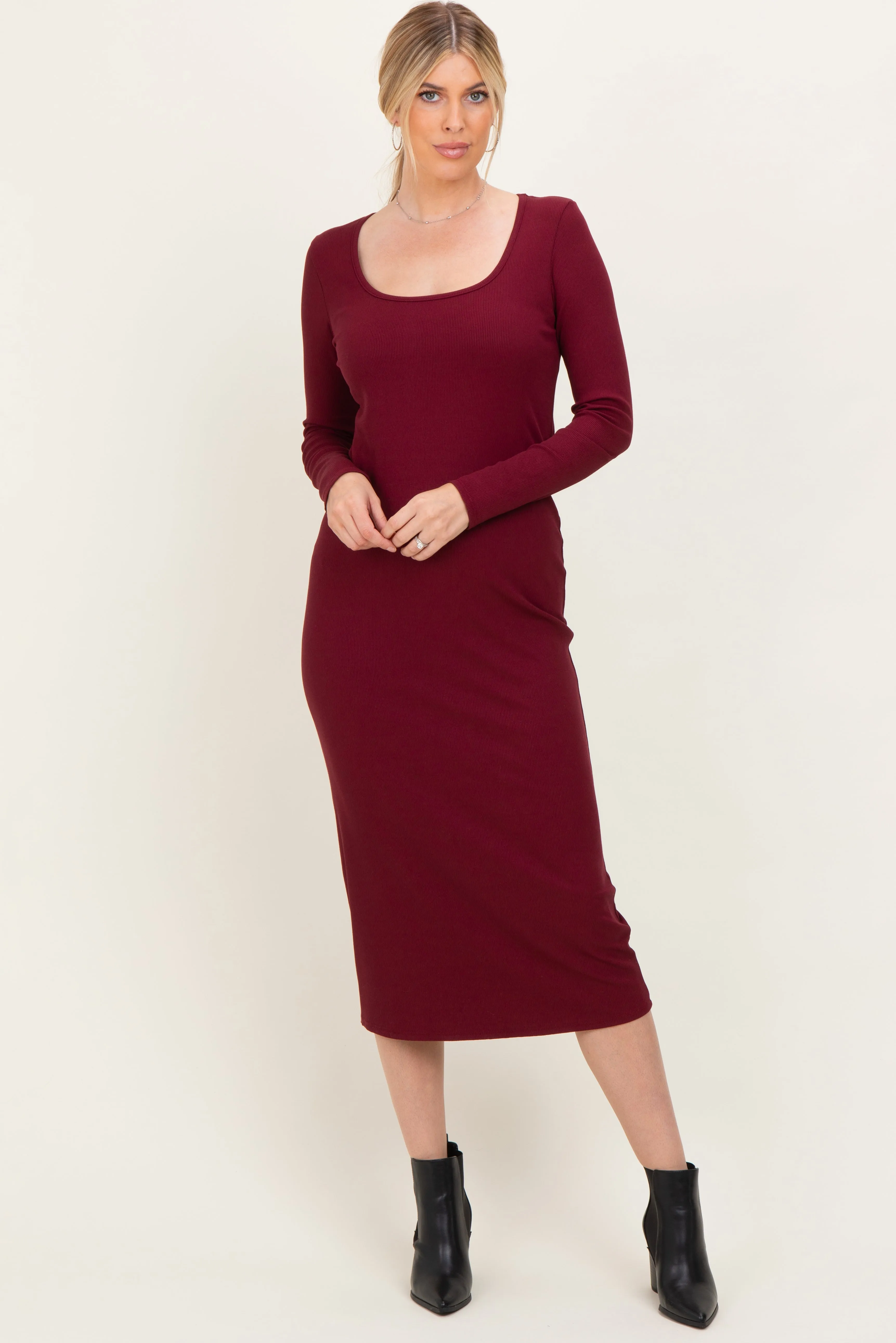 Burgundy Scoop Neck Long Sleeve Midi Dress sold by Pinkblush