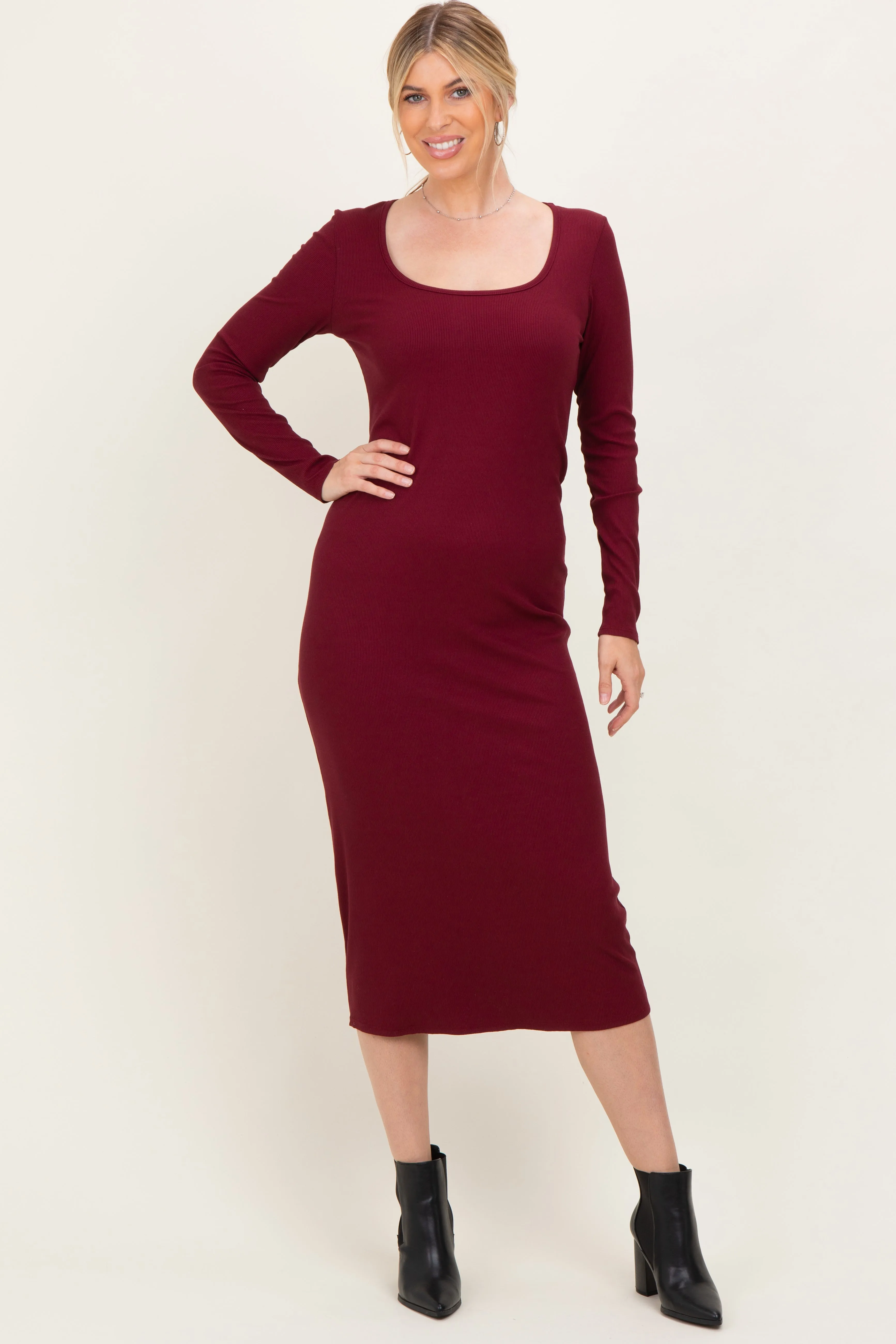 Burgundy Scoop Neck Long Sleeve Midi Dress sold by Pinkblush product image thumbnail 2