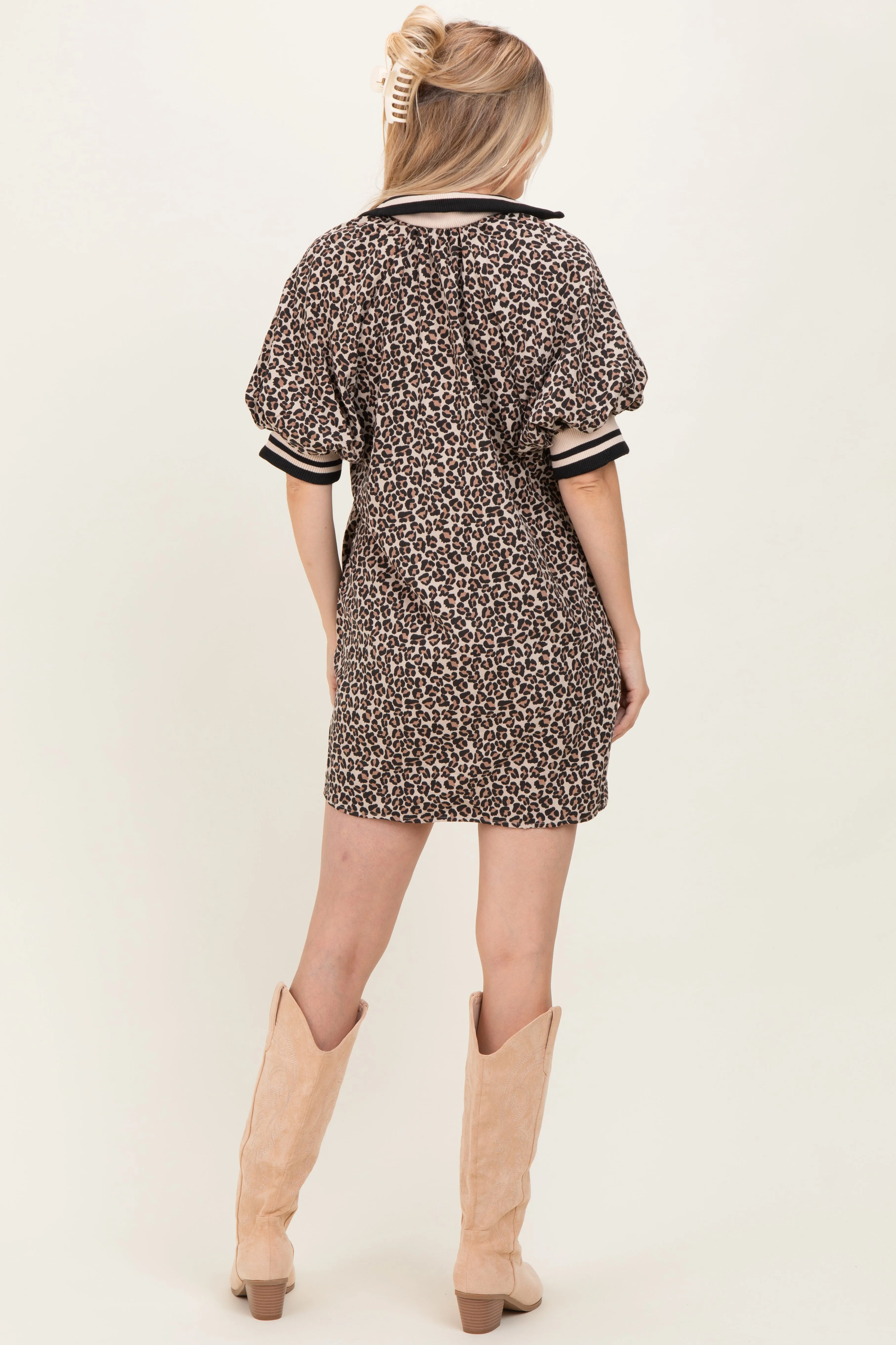 Taupe Animal Print Quarter Zip Puff Sleeve Mini Dress sold by Pinkblush product image thumbnail 4