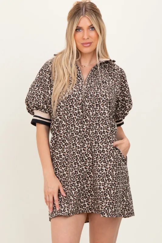 Taupe Animal Print Quarter Zip Puff Sleeve Mini Dress sold by Pinkblush