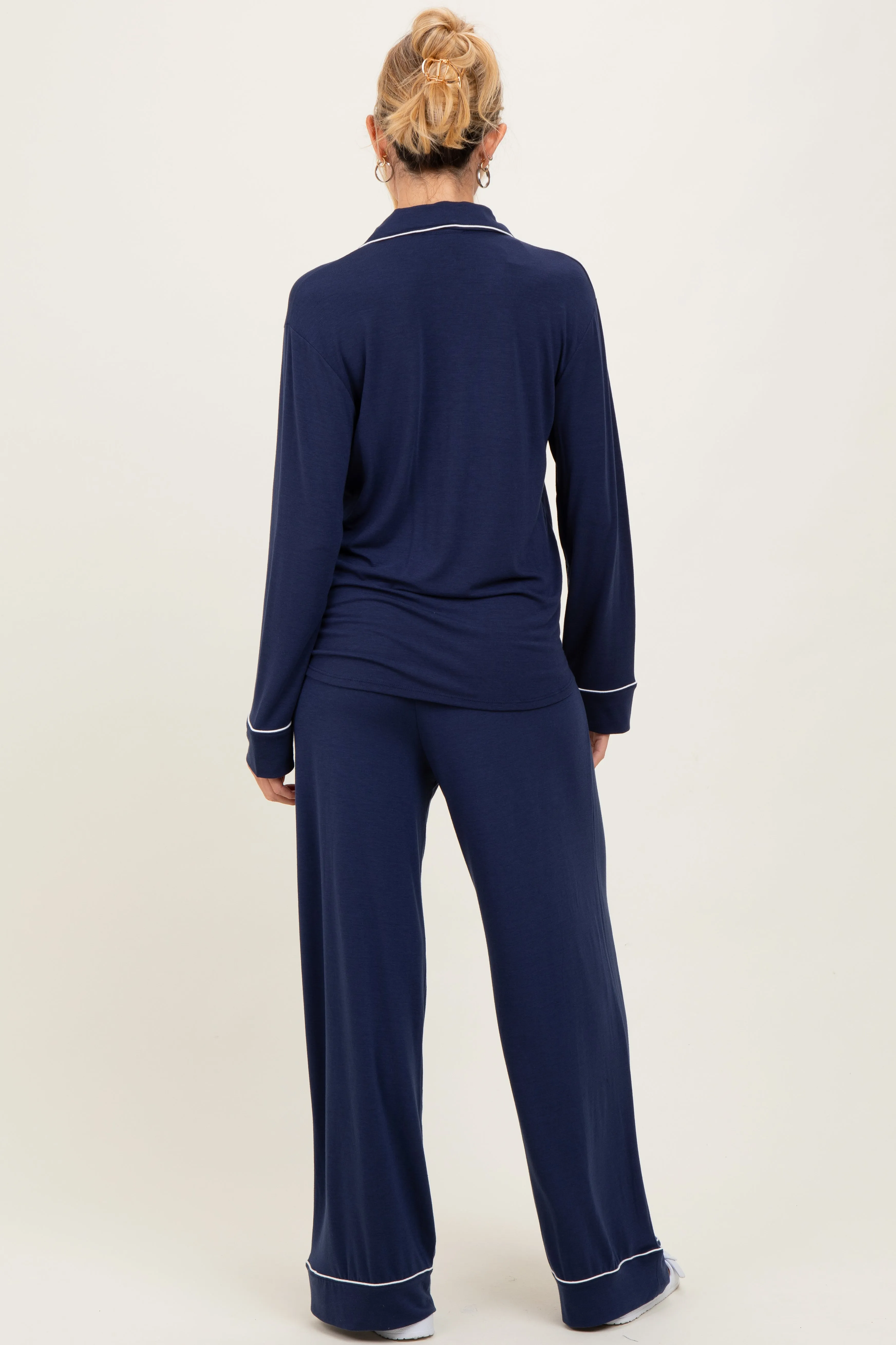 Dark Navy Button Down Top Wide Leg Pant Maternity Pajama Set sold by Pinkblush product image thumbnail 3