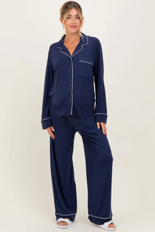 Dark Navy Button Down Top Wide Leg Pant Maternity Pajama Set sold by Pinkblush
