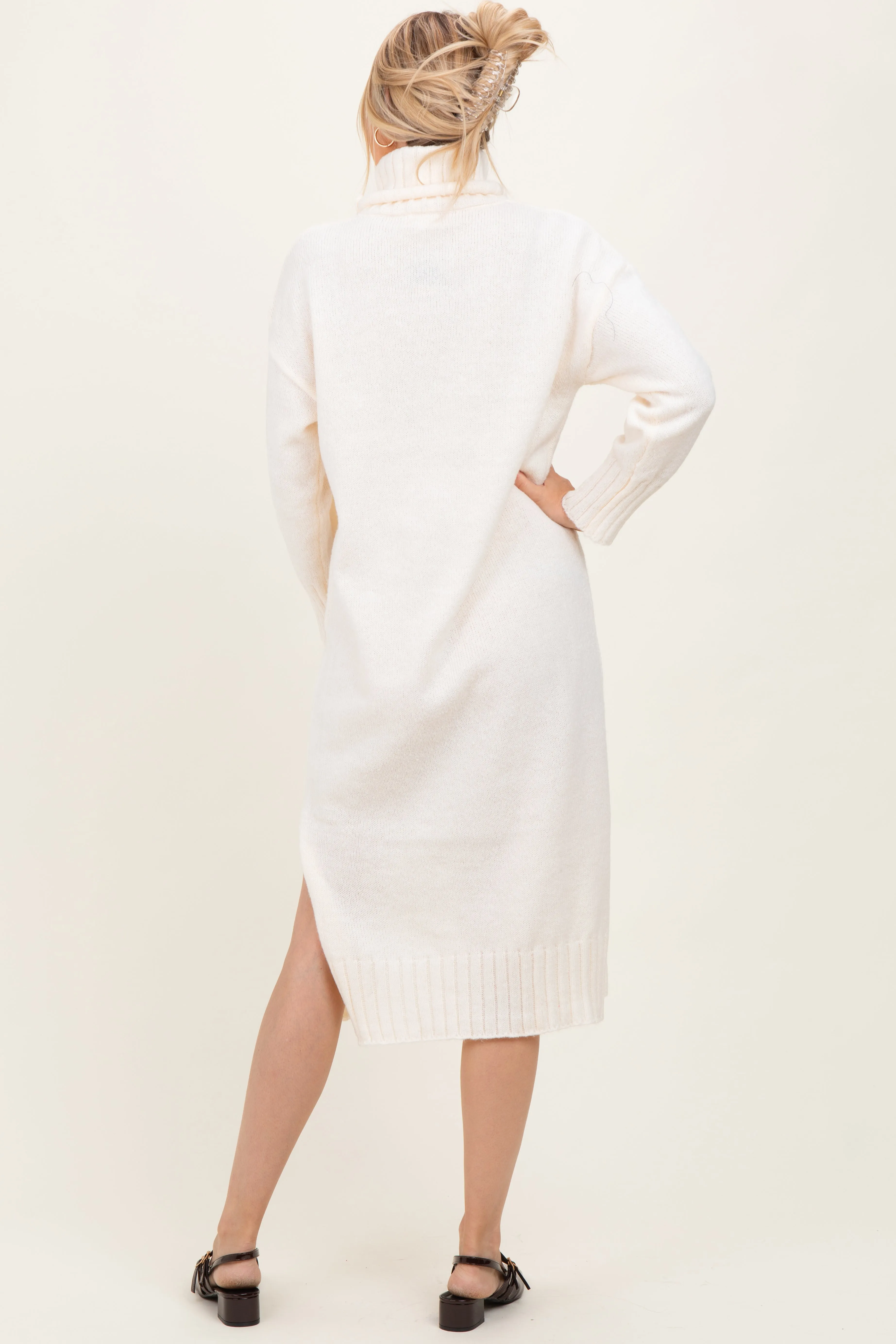 Cream Turtleneck Chunky Knit Midi Sweater Dress sold by Pinkblush product image thumbnail 4