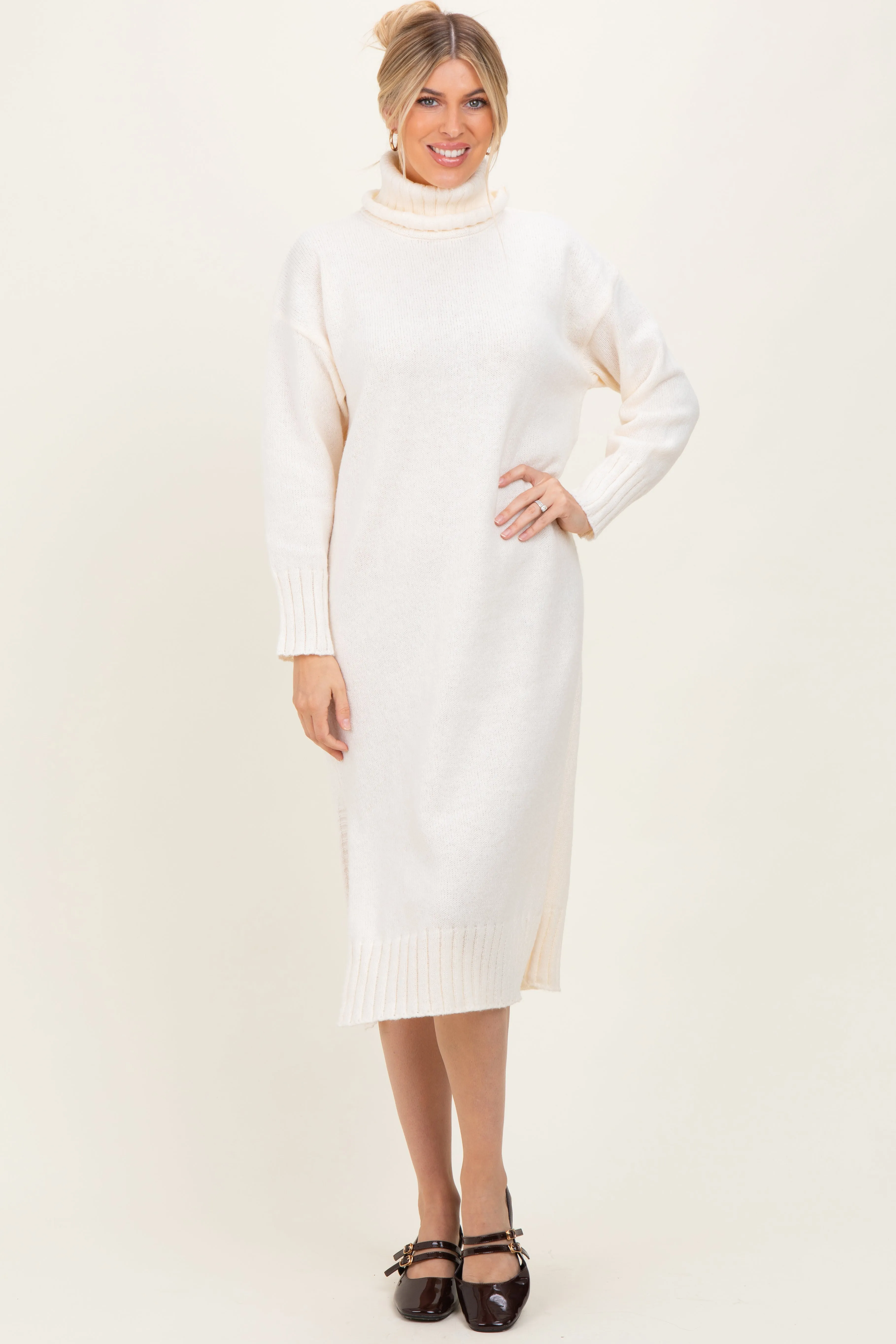 Cream Turtleneck Chunky Knit Midi Sweater Dress sold by Pinkblush