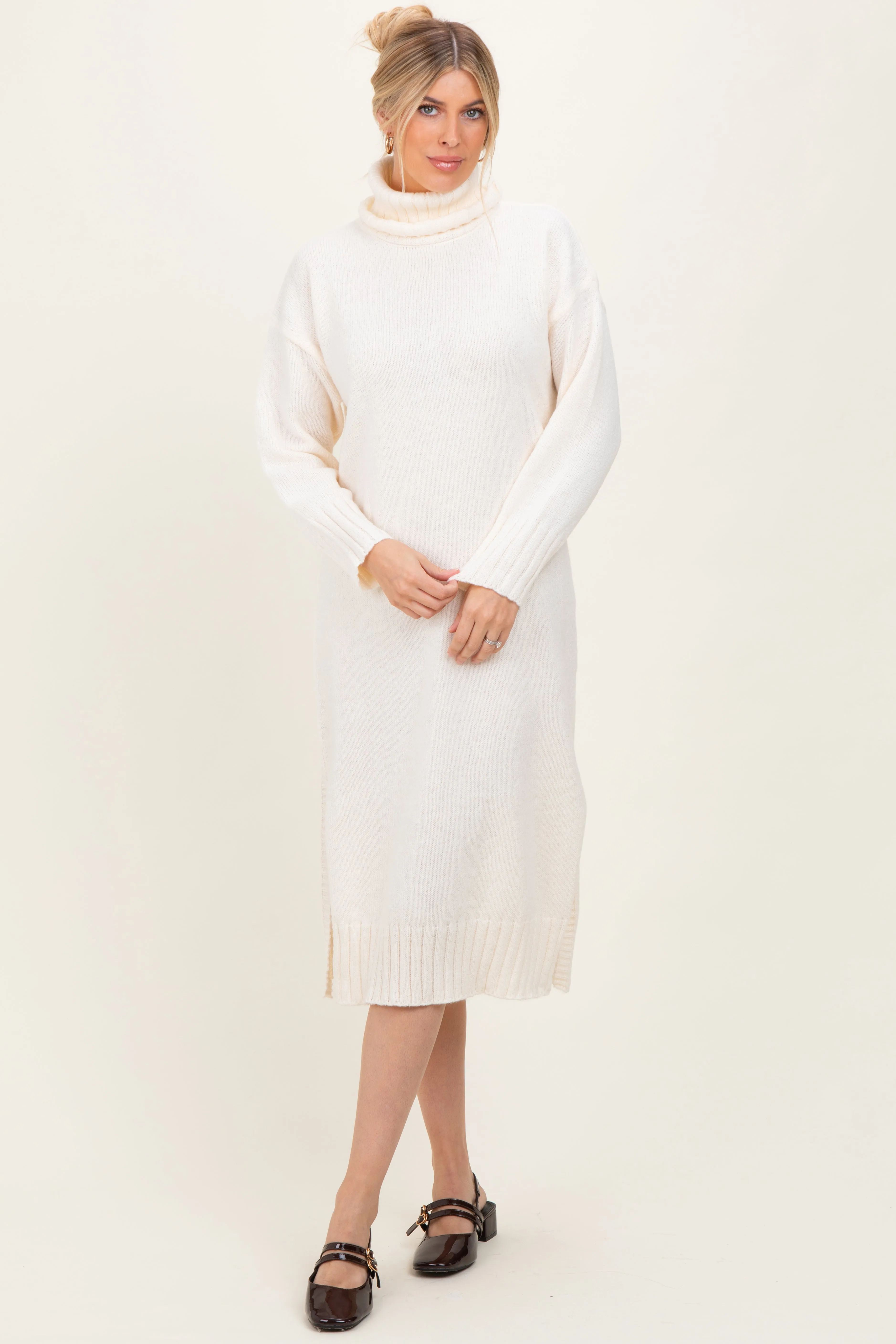 Cream Turtleneck Chunky Knit Midi Sweater Dress sold by Pinkblush product image thumbnail 2
