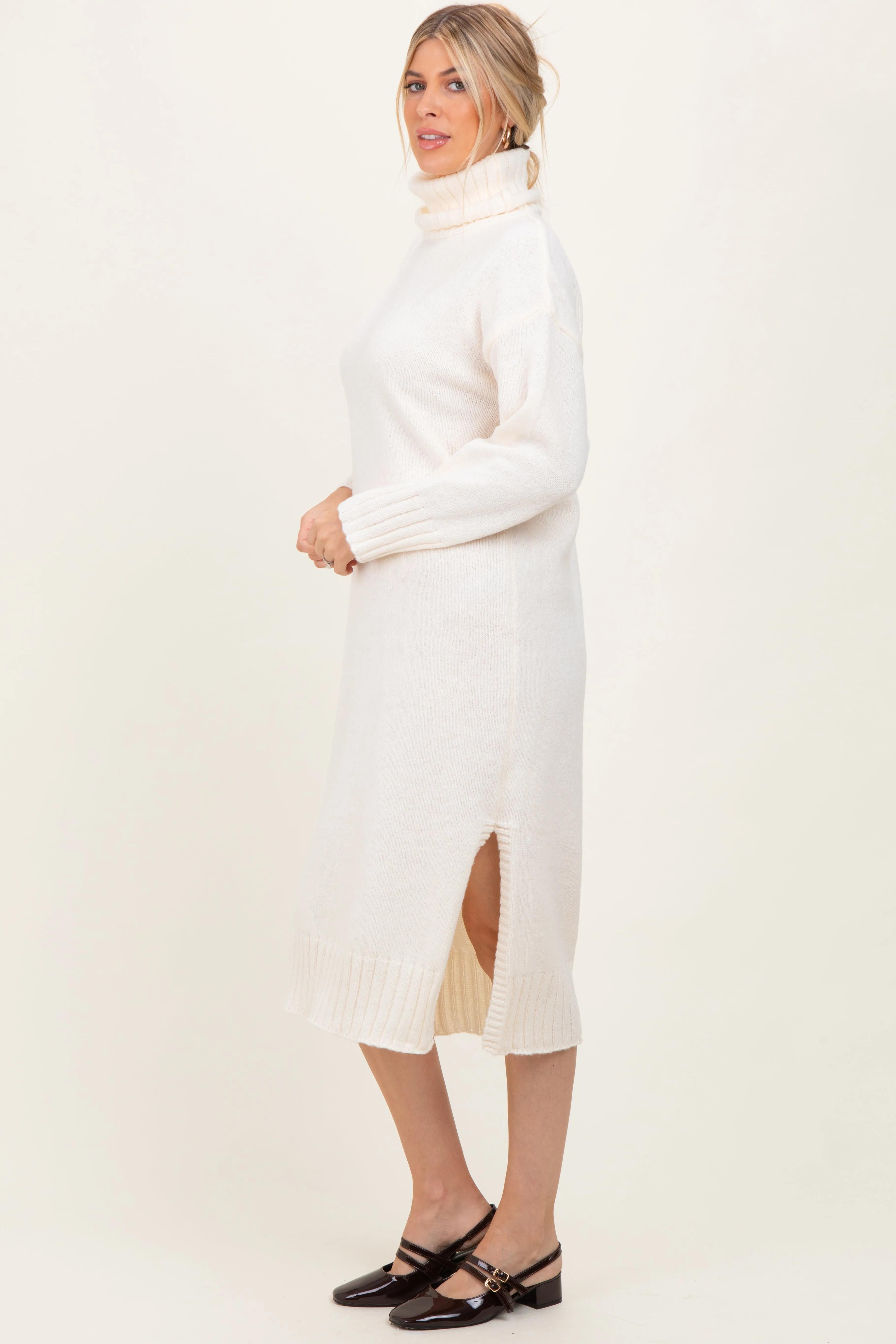Cream Turtleneck Chunky Knit Midi Sweater Dress sold by Pinkblush product image thumbnail 3