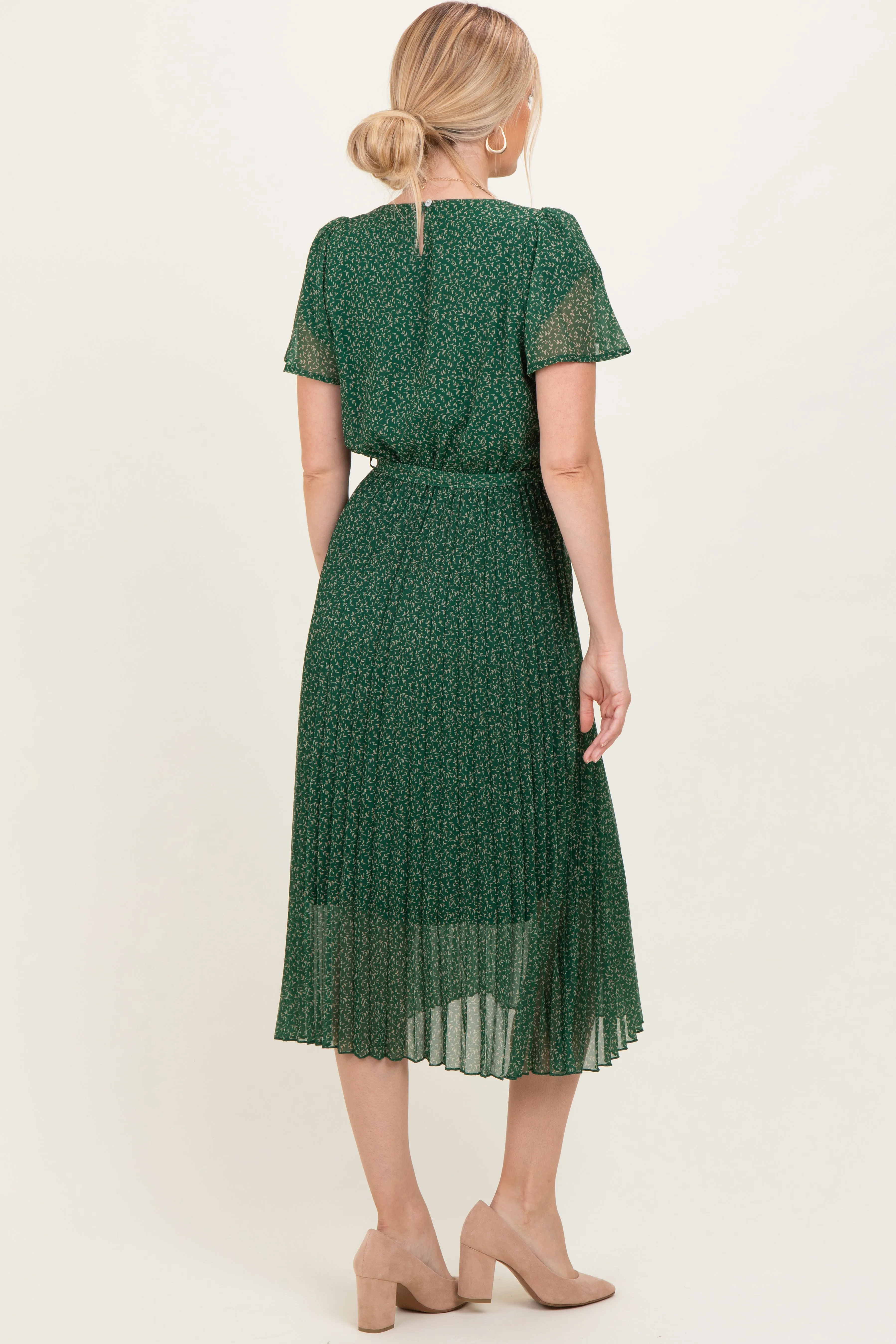 Forest Green Leaf Print Pleated Midi Dress sold by Pinkblush product image thumbnail 4