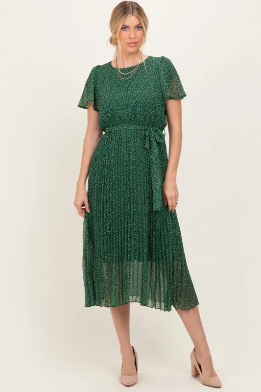 Forest Green Leaf Print Pleated Midi Dress sold by Pinkblush