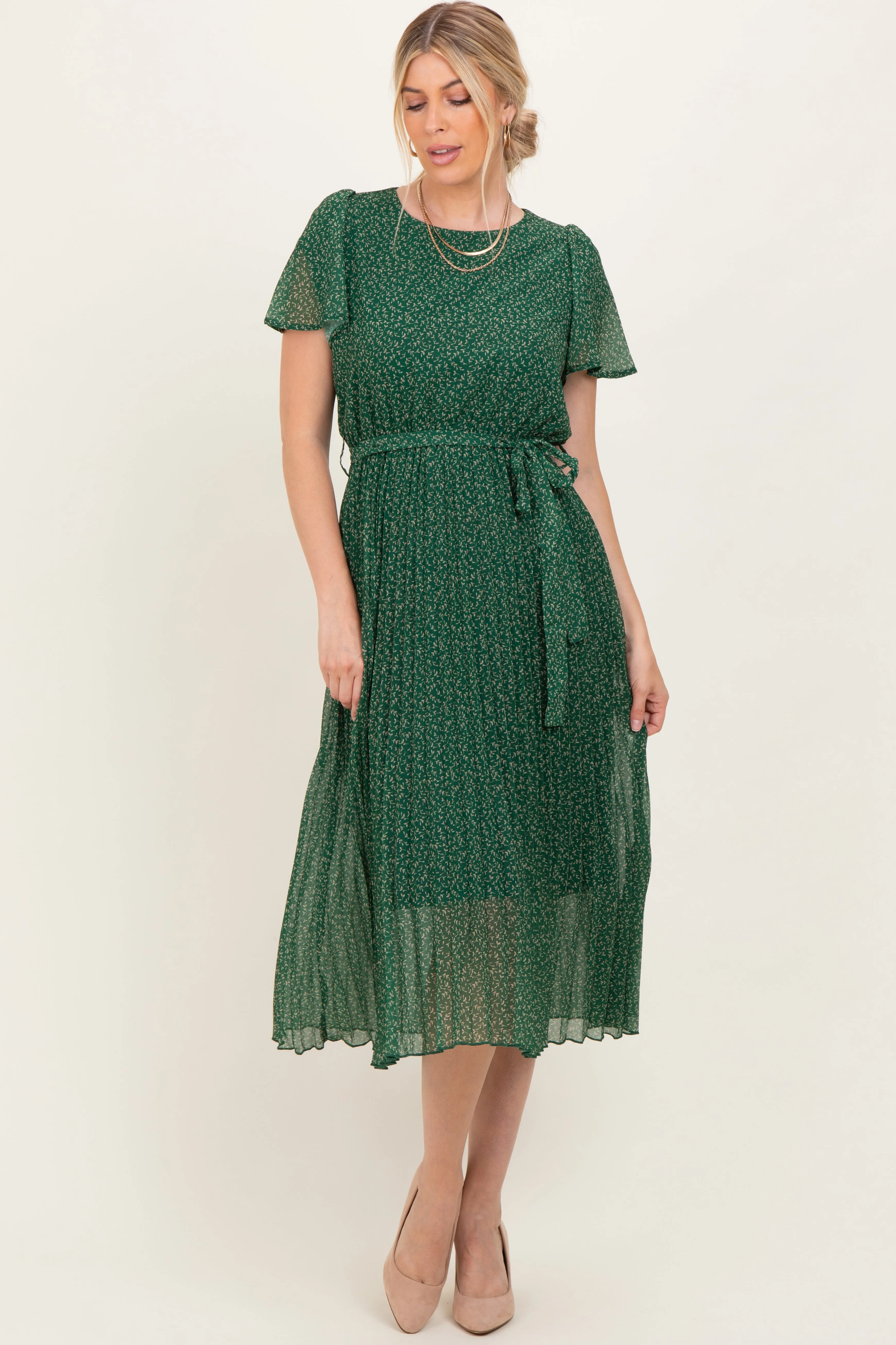 Forest Green Leaf Print Pleated Midi Dress sold by Pinkblush product image thumbnail 2