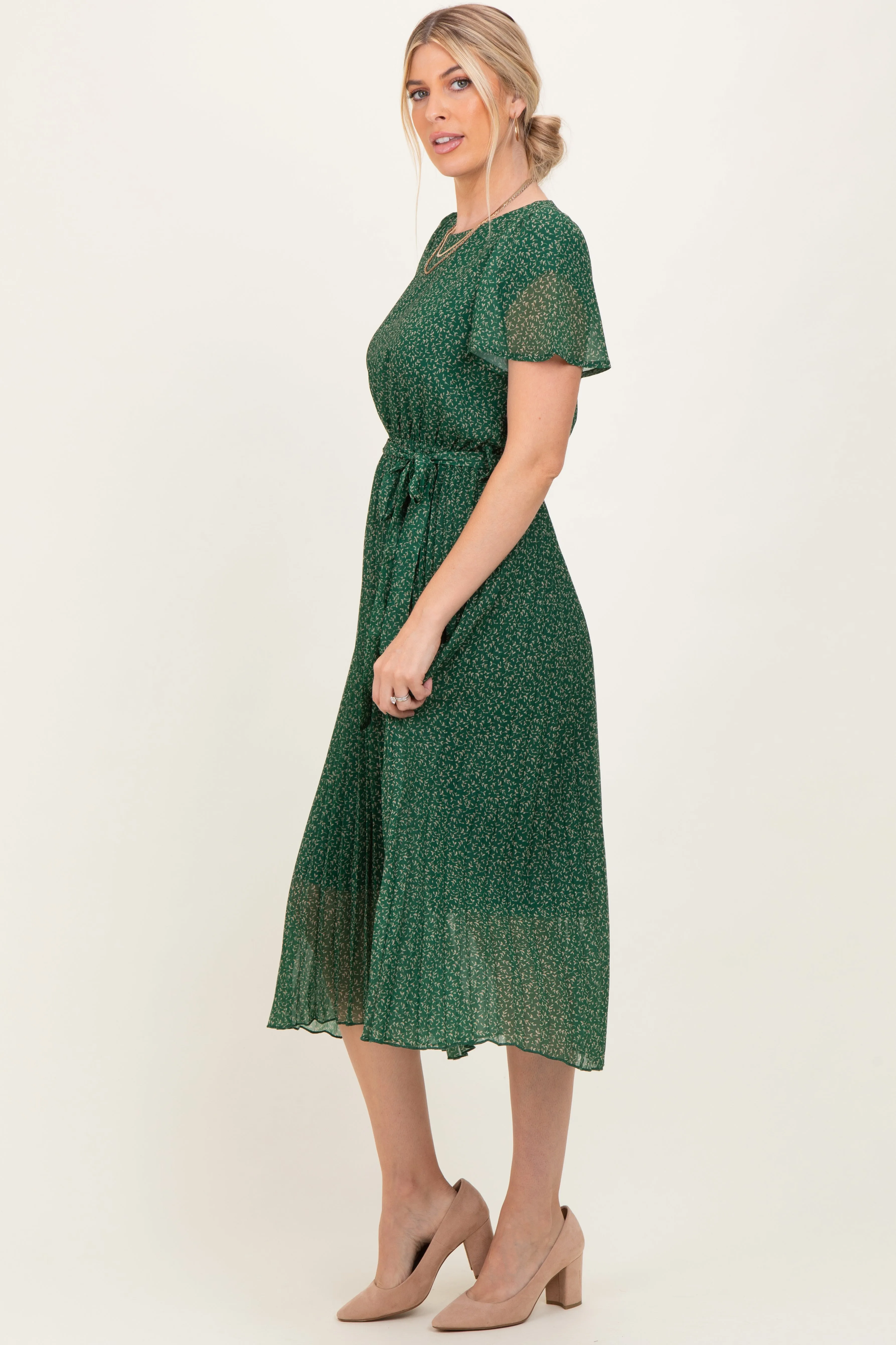 Forest Green Leaf Print Pleated Midi Dress sold by Pinkblush product image thumbnail 3