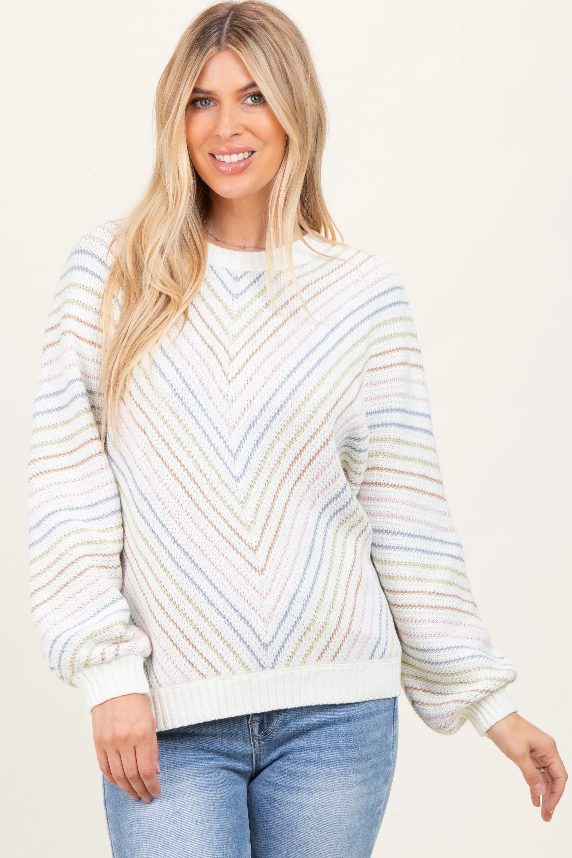 Cream Multi Crew Neck Striped Long Sleeve Sweater sold by Pinkblush
