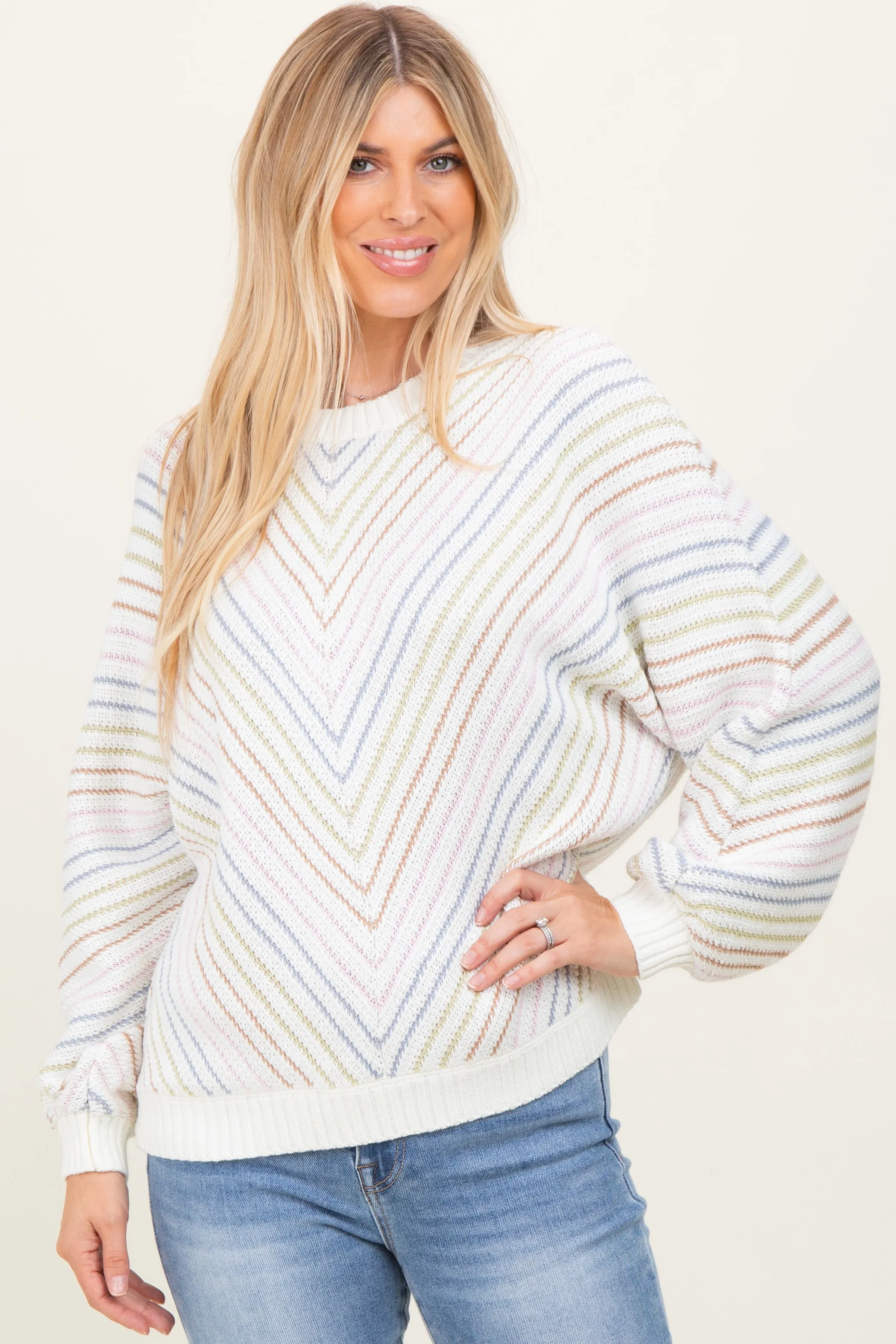 Cream Multi Crew Neck Striped Long Sleeve Sweater sold by Pinkblush product image thumbnail 2