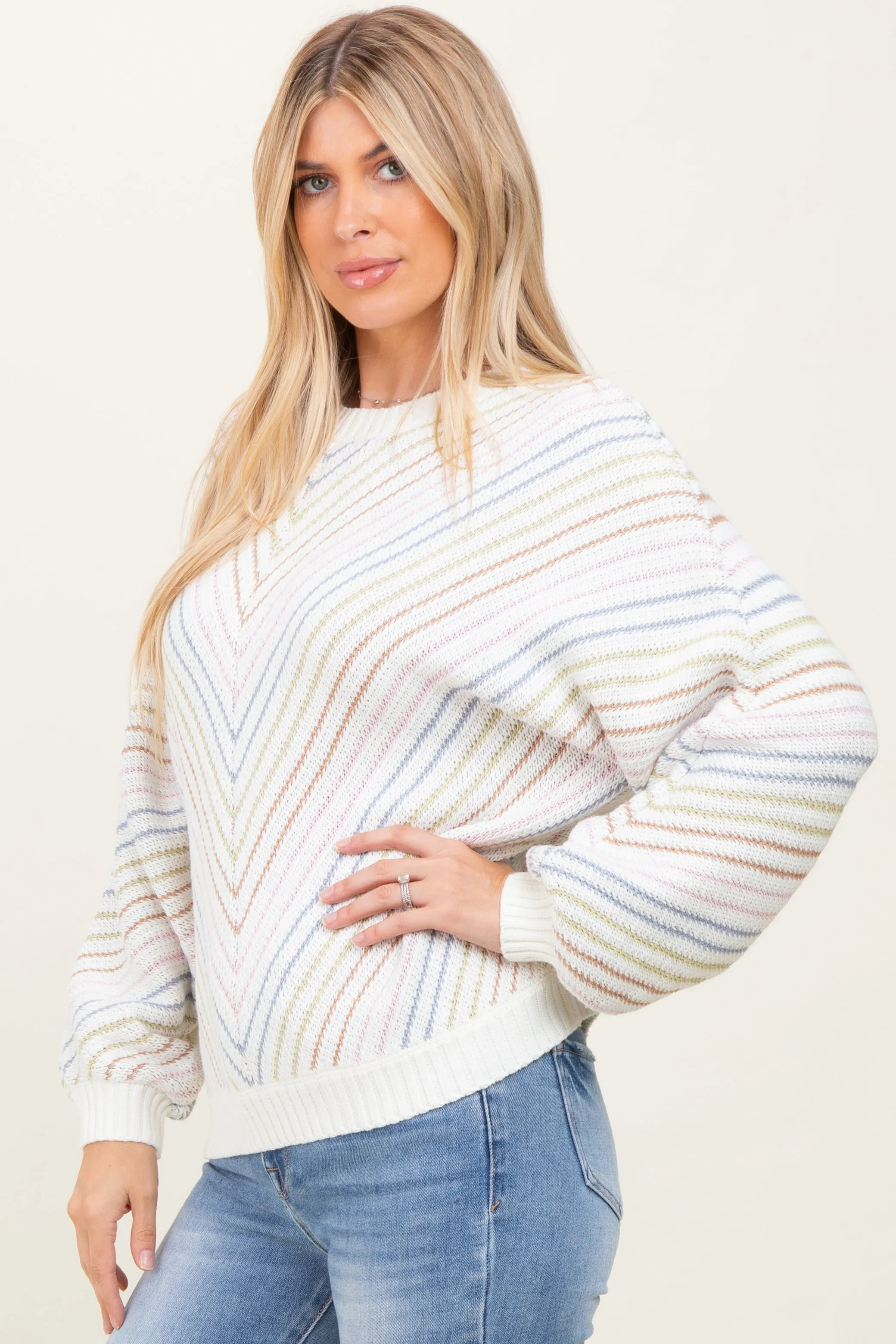 Cream Multi Crew Neck Striped Long Sleeve Sweater sold by Pinkblush product image thumbnail 3